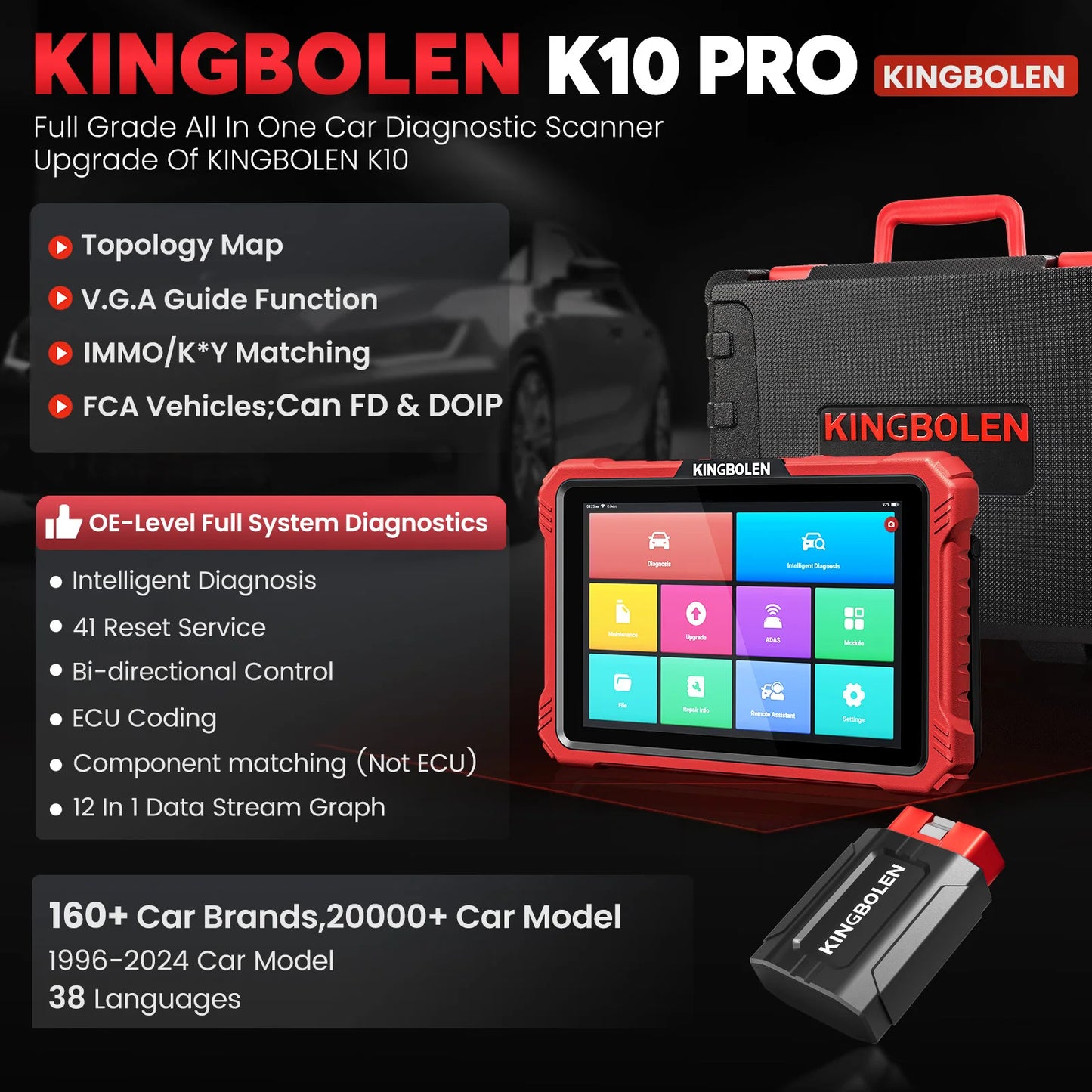 2025 KINGBOLEN K10 Pro Bi-Directional Scanner Full Systems Diagnostic Scan Tool, 40 Reset ECU Coding,AutoAuth for FCA SGW