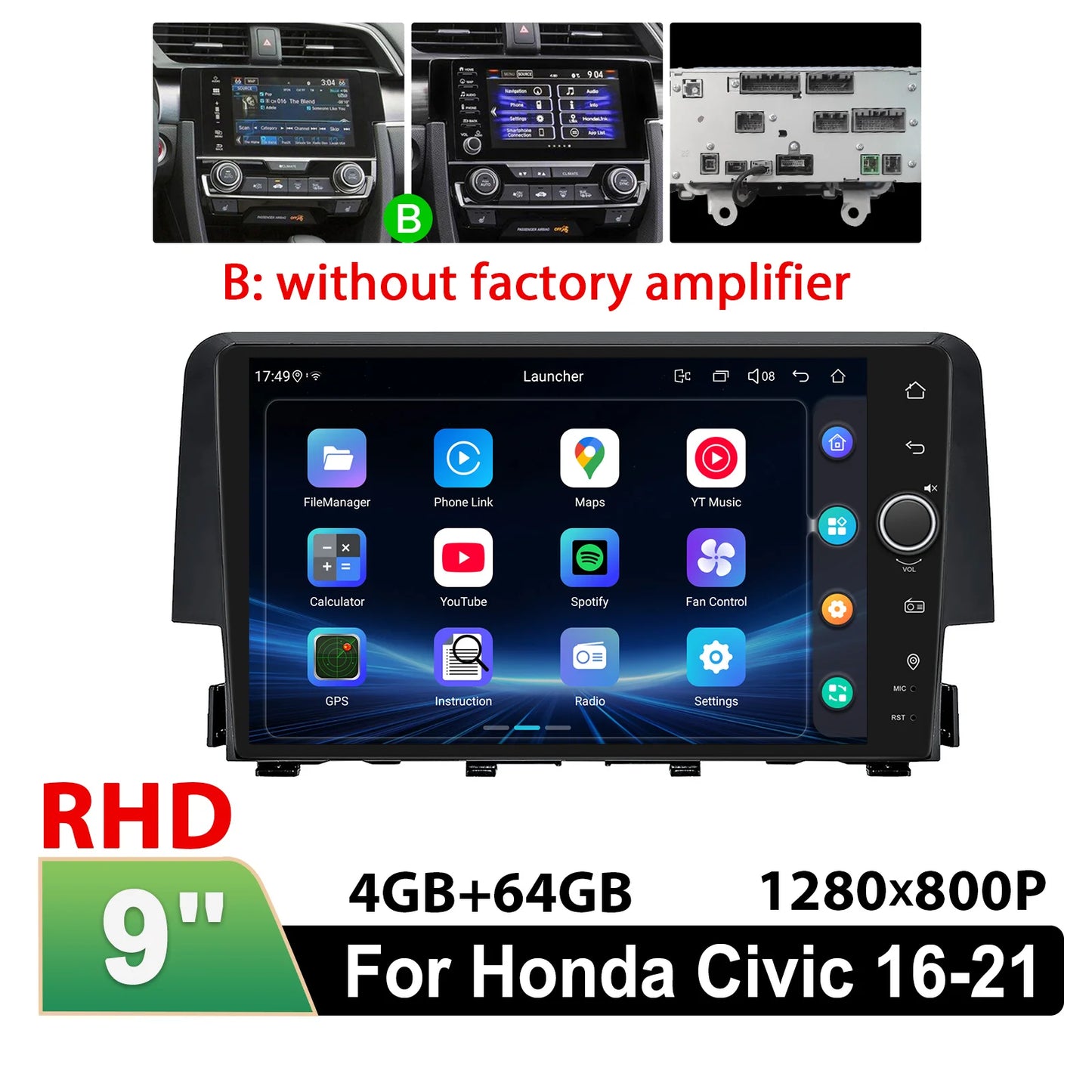 JOYING 9"Android 13 Car Radio Stereo Multimedia Player Carplay For Honda Civic 2016 -2021 Support Factory Cameras Plug and Play