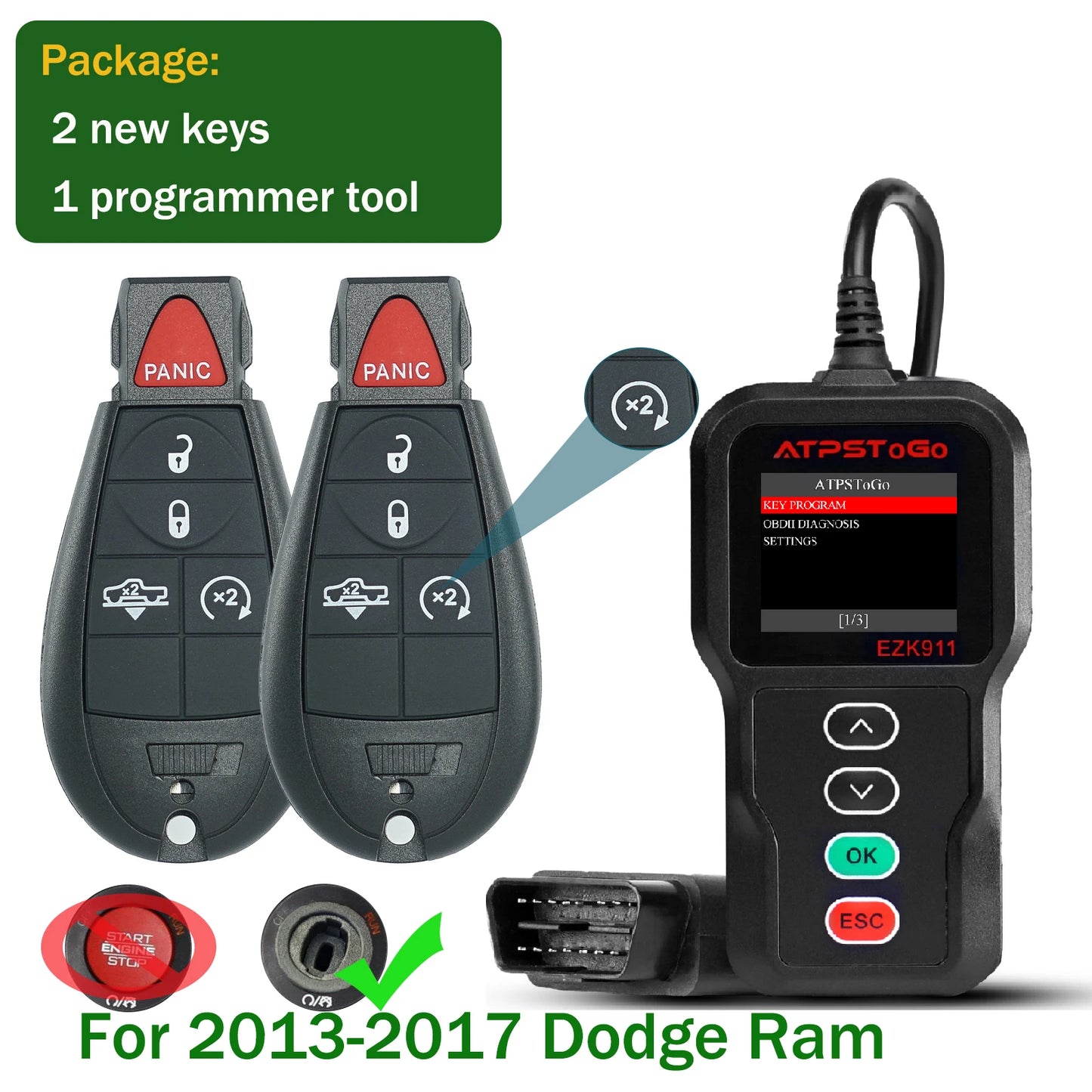 ATPSTOGO New Replacement Remote Key fob and Programmer tool For 2007-2017 Dodge Ram 1500 2500 3500 programming key fob GQ4-53T