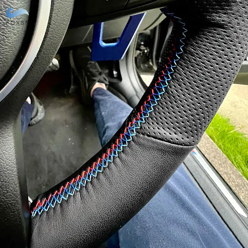 For BMW M Sport 3 5 Series E46 E39 M3 M5 Hand Braid Car Steering Wheel Cover Black Perforated Leather red blue line blue strip - Premium  from FOXSN - Just $28.56! Shop now at Rapidvehicles