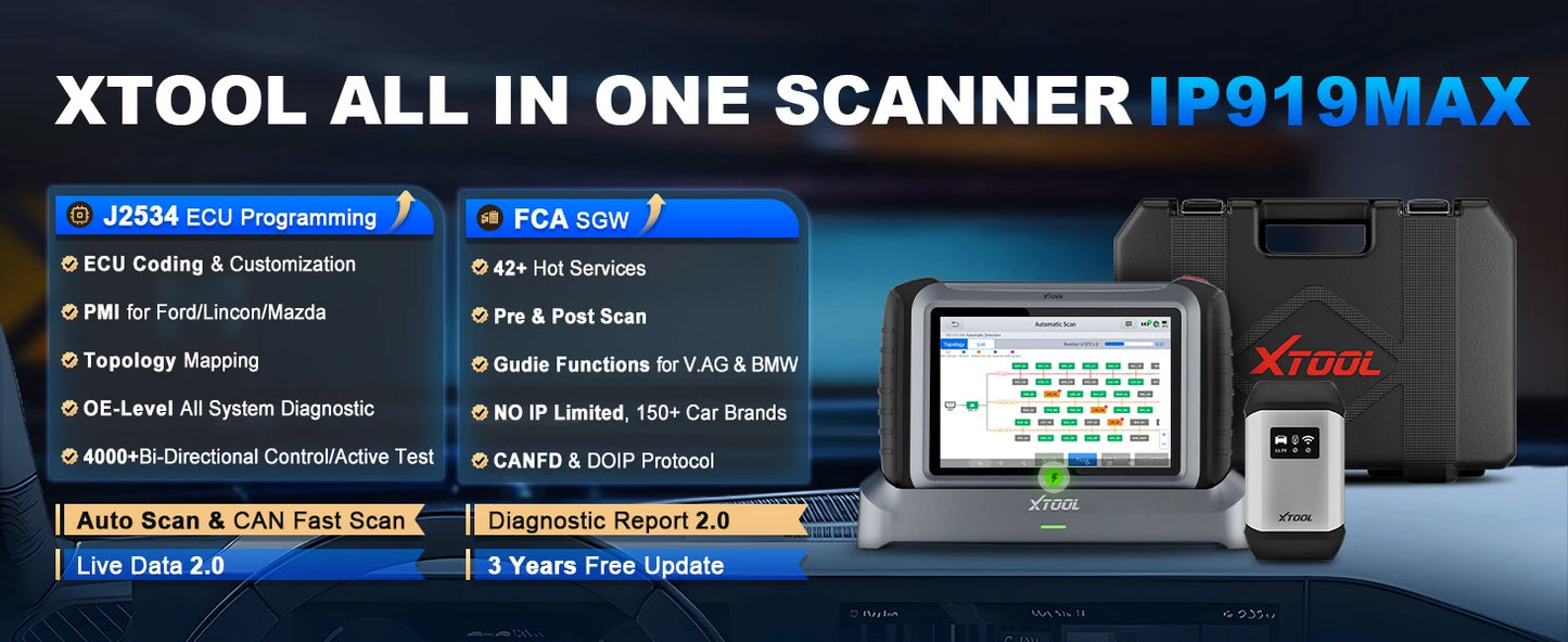 XTOOL InPlus IP919 MAX Bluetooth Car Diagnostic Tools ECU Programming J2534 Bi-directional 42+ Resets Scanner With Topology FCA