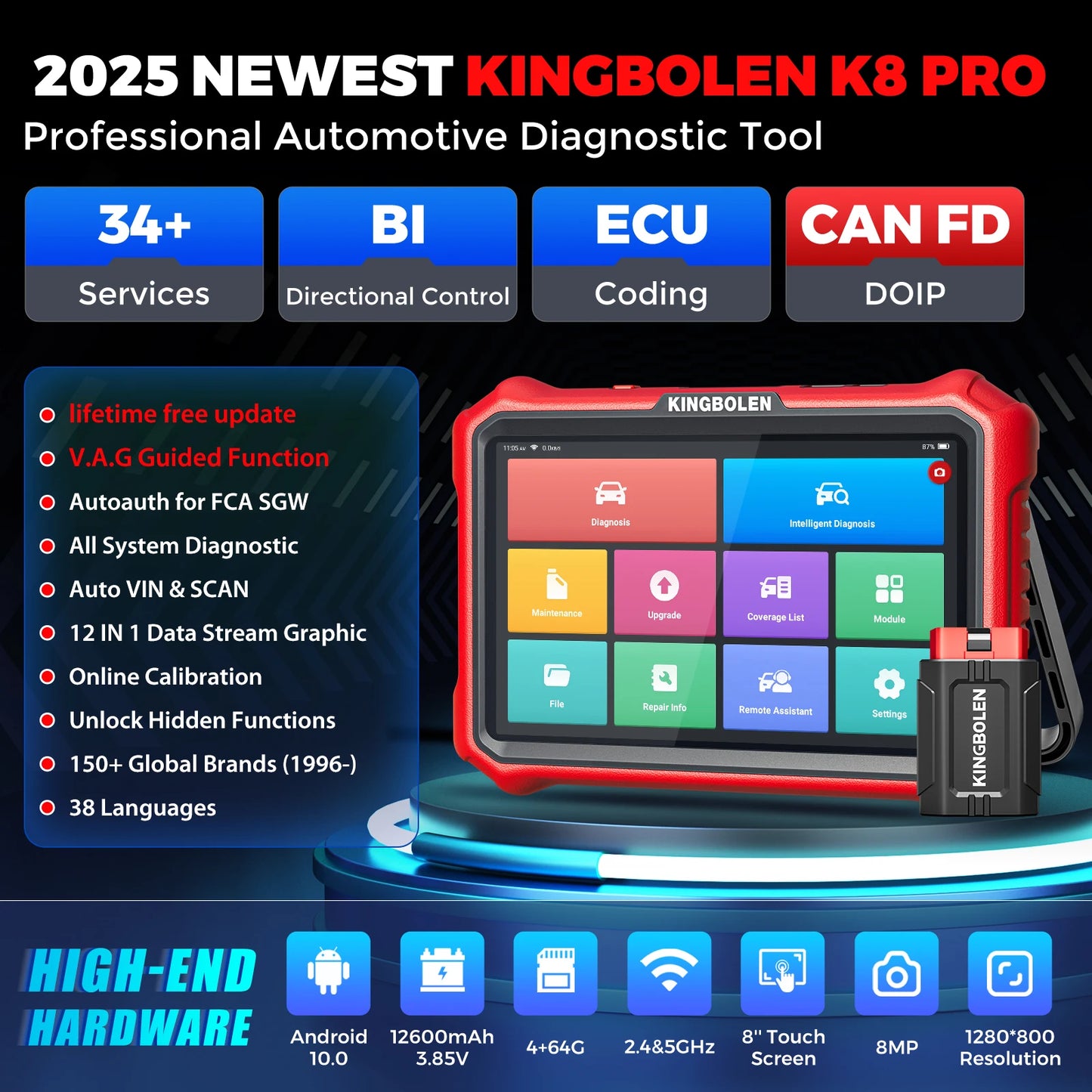 [Lifetime Free Update] KINGBOLEN K8 PRO ELITE Auto Diagnostic Tool Full System ECU Coding 40 Service Bidirectionnal OBD2 Scanner