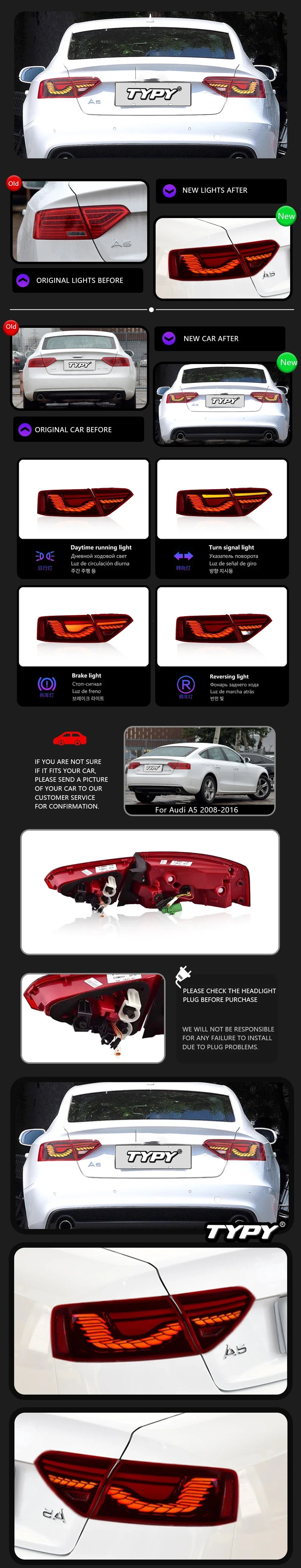 TYPY New LED Taillight Upgrade Modified Full Tail Lamp Car Accessories For Audi A5 2008-2016 Dynamic Turn Signals
