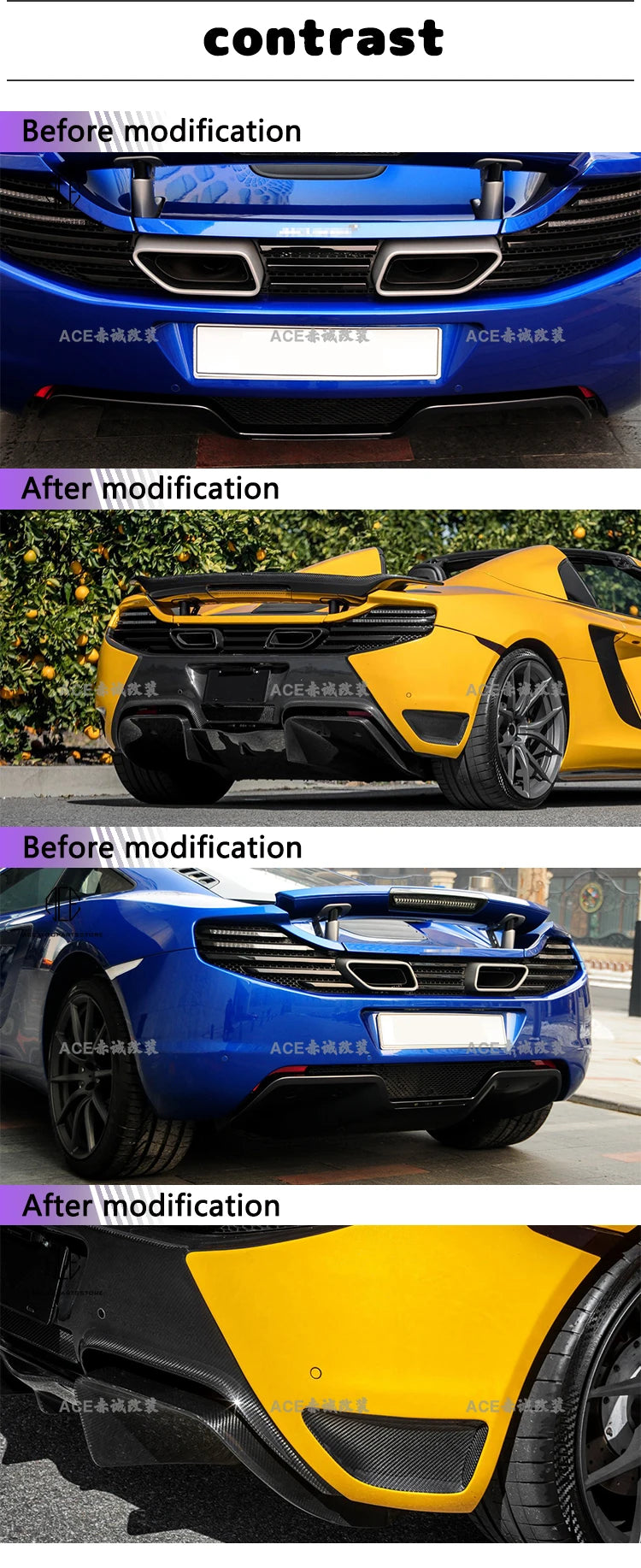 For Mclaren MP4-12C Rear Bumper Side Skirts Rear Lip And Rear diffuser Kit Body Kit Dry Carbon Fiber 2011-2014
