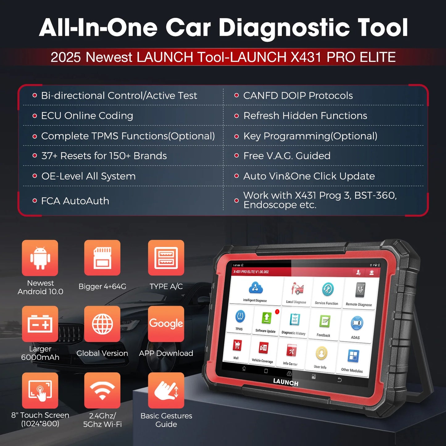 2025 LAUNCH X431 PRO ELITE Car Diagnostic Tools CANFD DOIP ECU CODING Bi-directionnal OBD2 Scanner 2 Years Free Update
