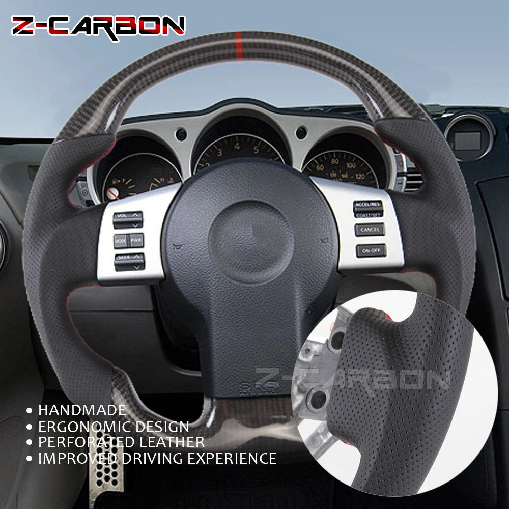For Nissan 350Z Z33 2003-2008 LED Steering Wheel Carbon Fiber Perforated Leather Steering Wheel Flat Bottom Red Stitching