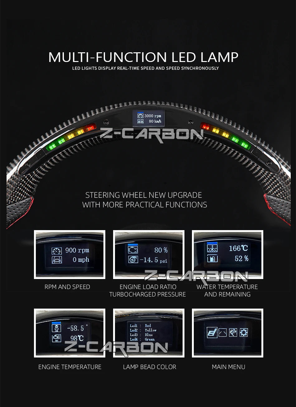 For Nissan 350Z Z33 2003-2008 LED Steering Wheel Carbon Fiber Perforated Leather Steering Wheel Flat Bottom Red Stitching