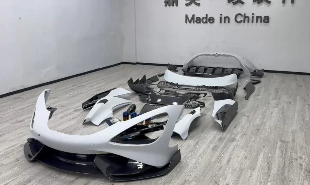 The McLaren 720S upgrades to the 765 body kit with FLDZ Auto Parts Auto 765 style carbon fiber front lip spoiler body kit