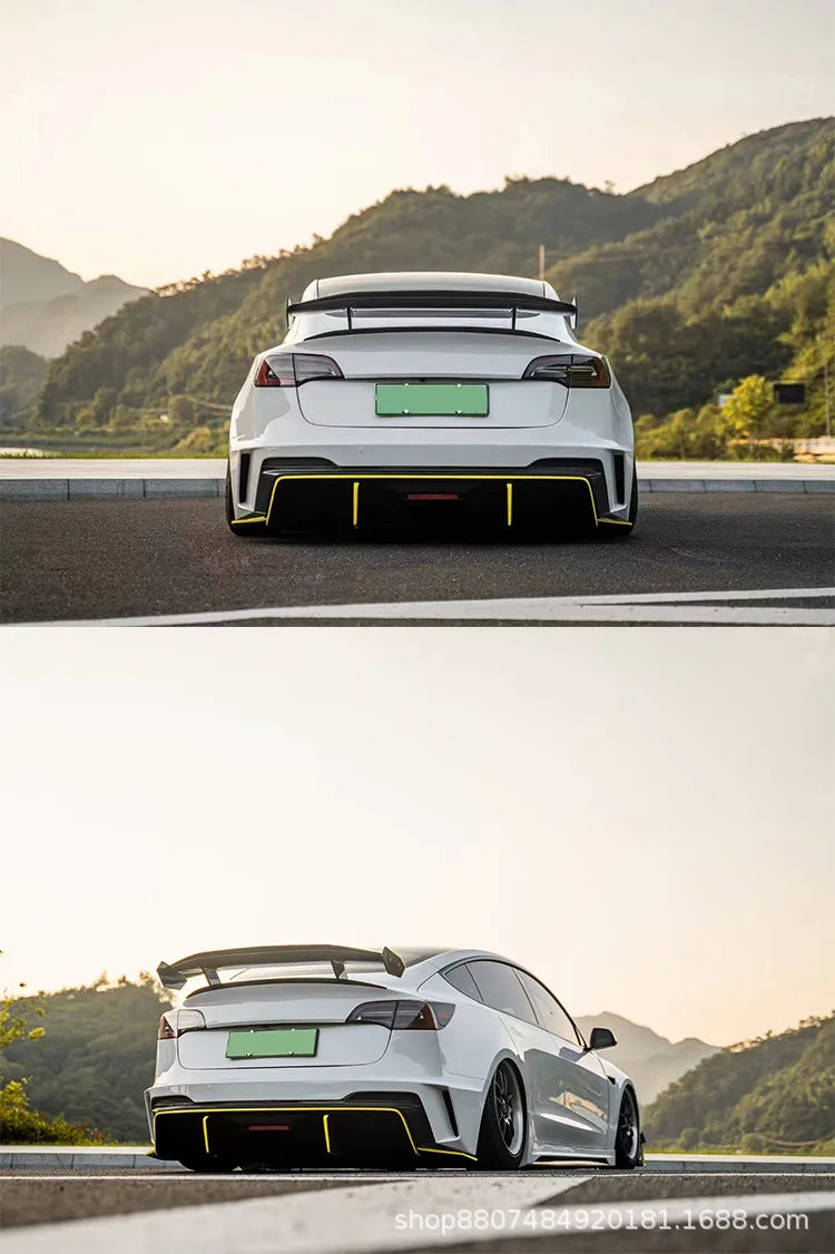 Suitable For Tesla Model3 Modified Hacker Carbon Fiber Wide Body Front Bar Rear Bar Side Skirt Cover Double Rear Wing