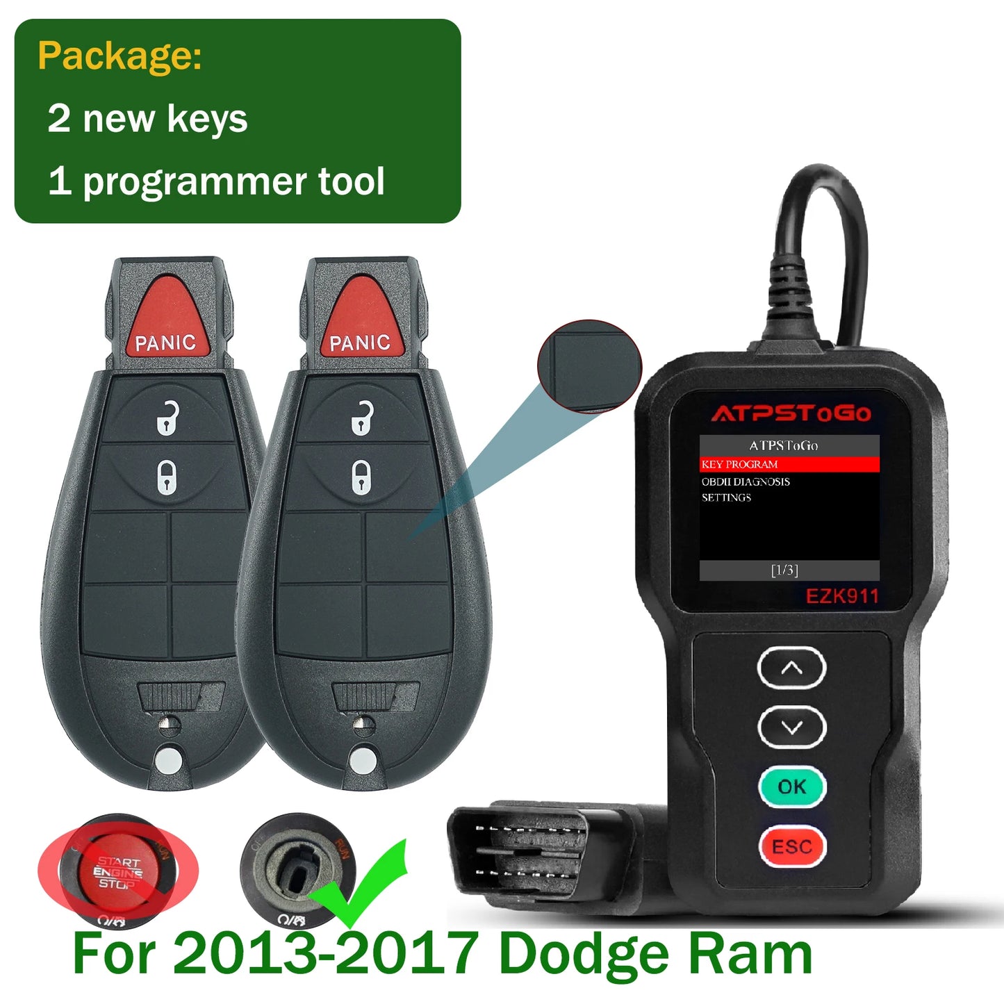 ATPSTOGO New Replacement Remote Key fob and Programmer tool For 2007-2017 Dodge Ram 1500 2500 3500 programming key fob GQ4-53T