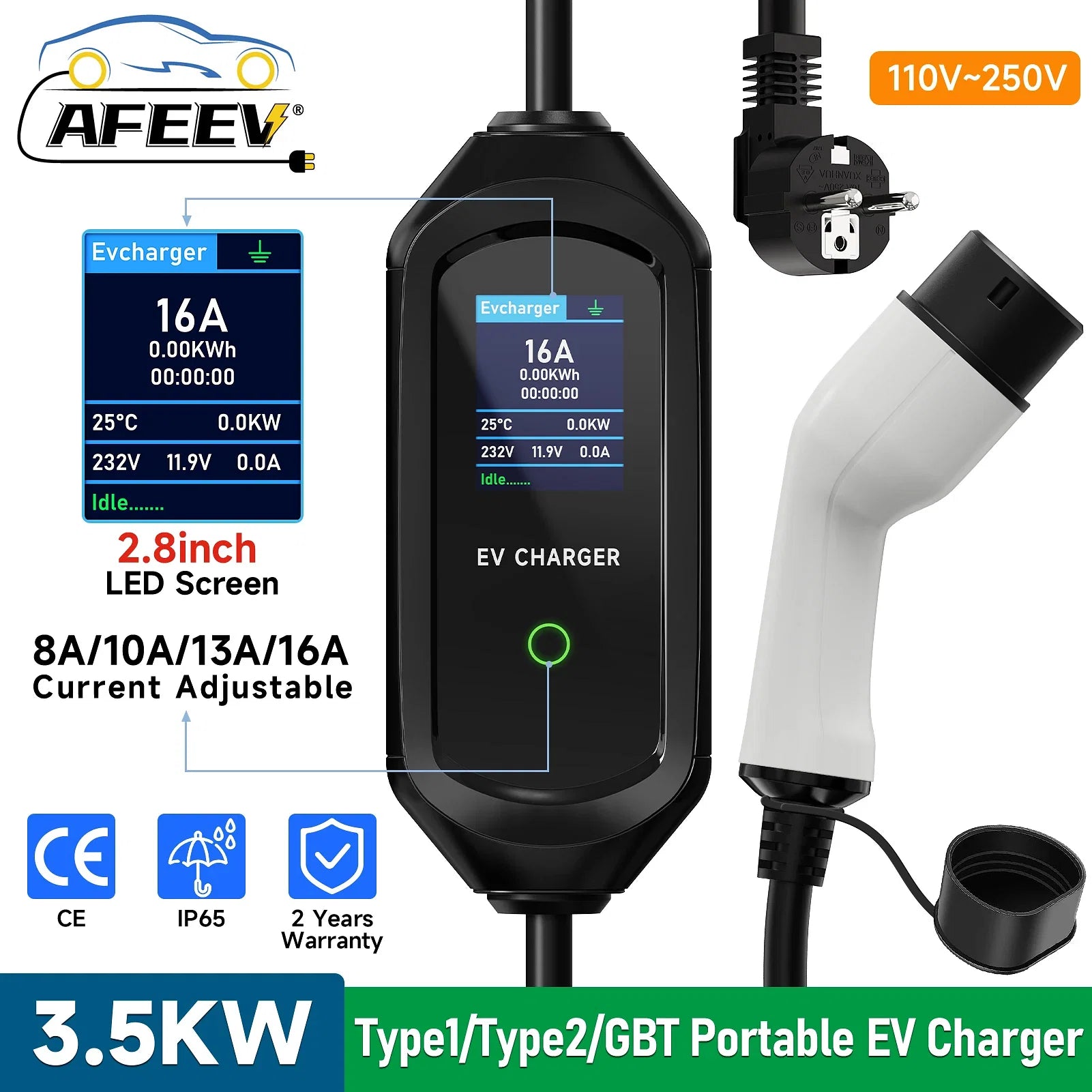 Color: Black - AFEEV Portable EV Charger Type2 IEC62196-2 16A EVSE Fast Charging Cable Type1 SAE J1772 Wallbox 3.5KW GBT Electric Car Charger - Premium New Energy Vehicle Parts & Accessories from AFEEV - Just $119.92! Shop now at Rapidvehicles