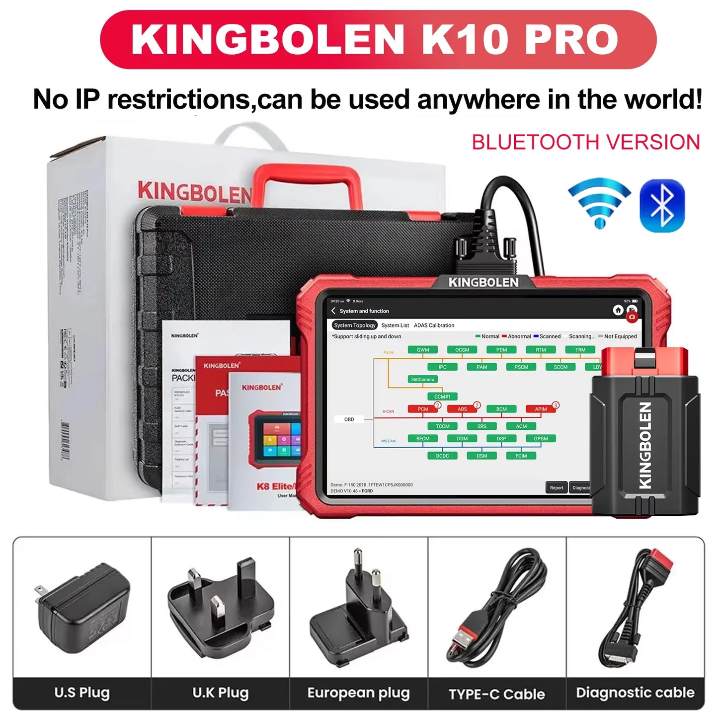 2025 KINGBOLEN K10 Pro Bi-Directional Scanner Full Systems Diagnostic Scan Tool, 40 Reset ECU Coding,AutoAuth for FCA SGW