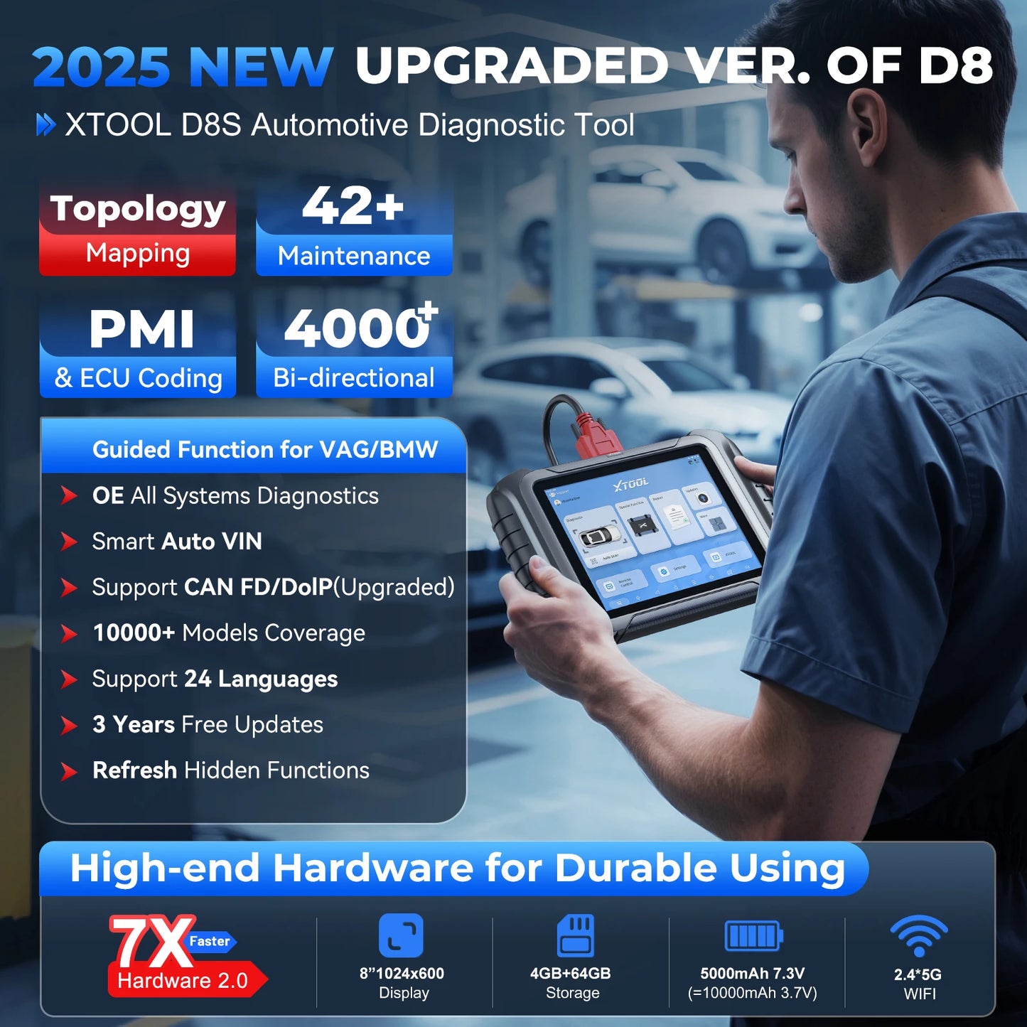 XTOOL D8S Car Diagnostic Tools Bidirectional Scan Tool Automotive Scanner ECU Coding Key Programming 42+ Services Topology Map