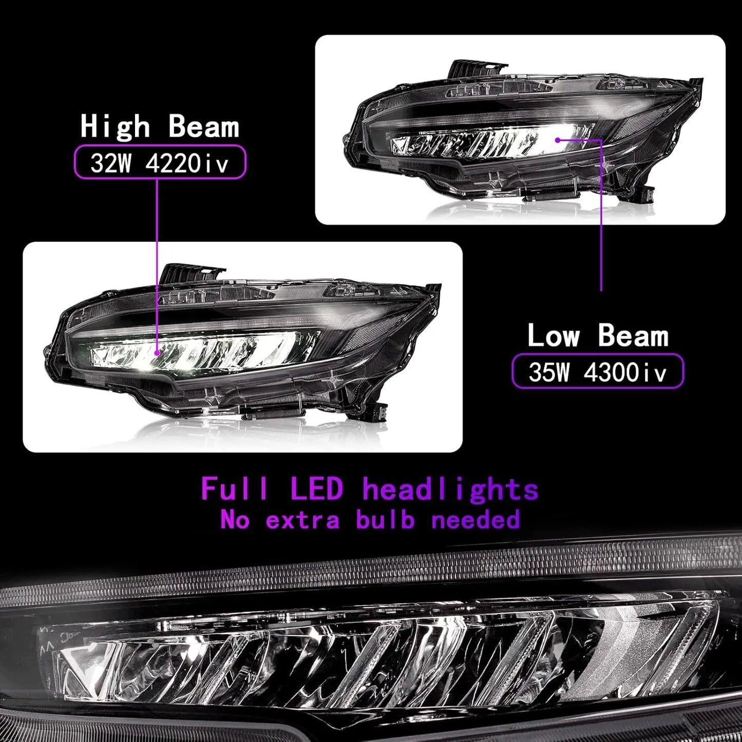 LED Headlights  for Honda Civic Sedan/Coupe/Hatchback 2016-2022 10th Gen With Sequential Turn Signal Assembly