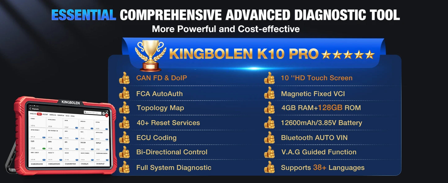 2025 KINGBOLEN K10 Pro Bi-Directional Scanner Full Systems Diagnostic Scan Tool, 40 Reset ECU Coding,AutoAuth for FCA SGW