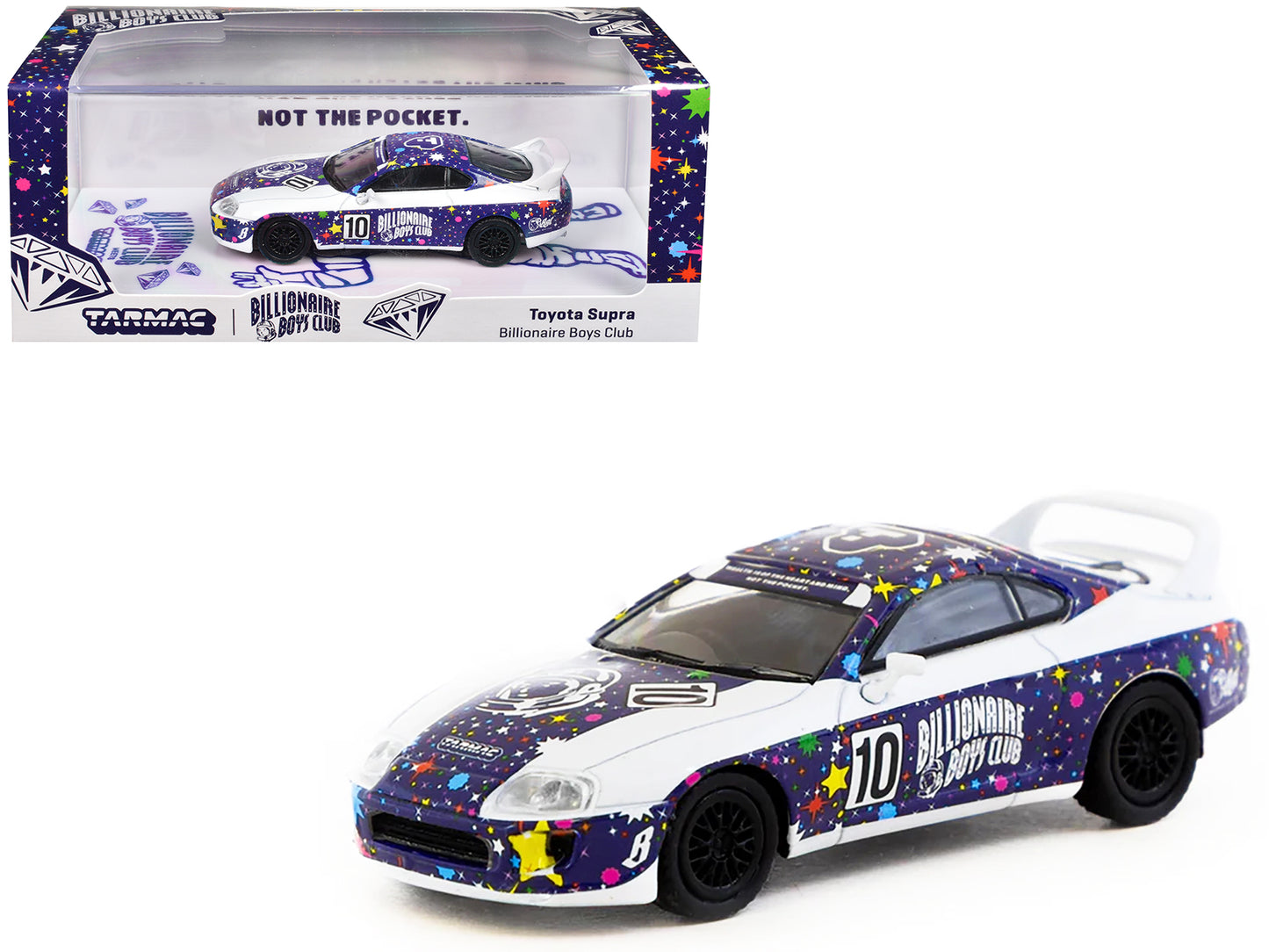 Toyota Supra RHD (Right Hand Drive) #10 "Billionaire Boys Club" Purple and White with Graphics "Hobby64" Series 1/64 Diecast Model Car by Tarmac Works - Use code SHOPAPP15 to get 15 percent off