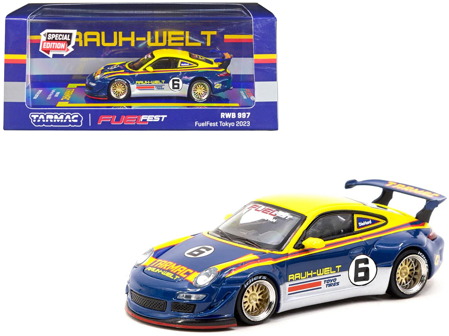 RWB 997 #6 Blue and Yellow with Graphics "FuelFest Tokyo" (2023) - Premium Porsche Models from Tarmac Works - Just $50.99! Shop now at Rapidvehicles