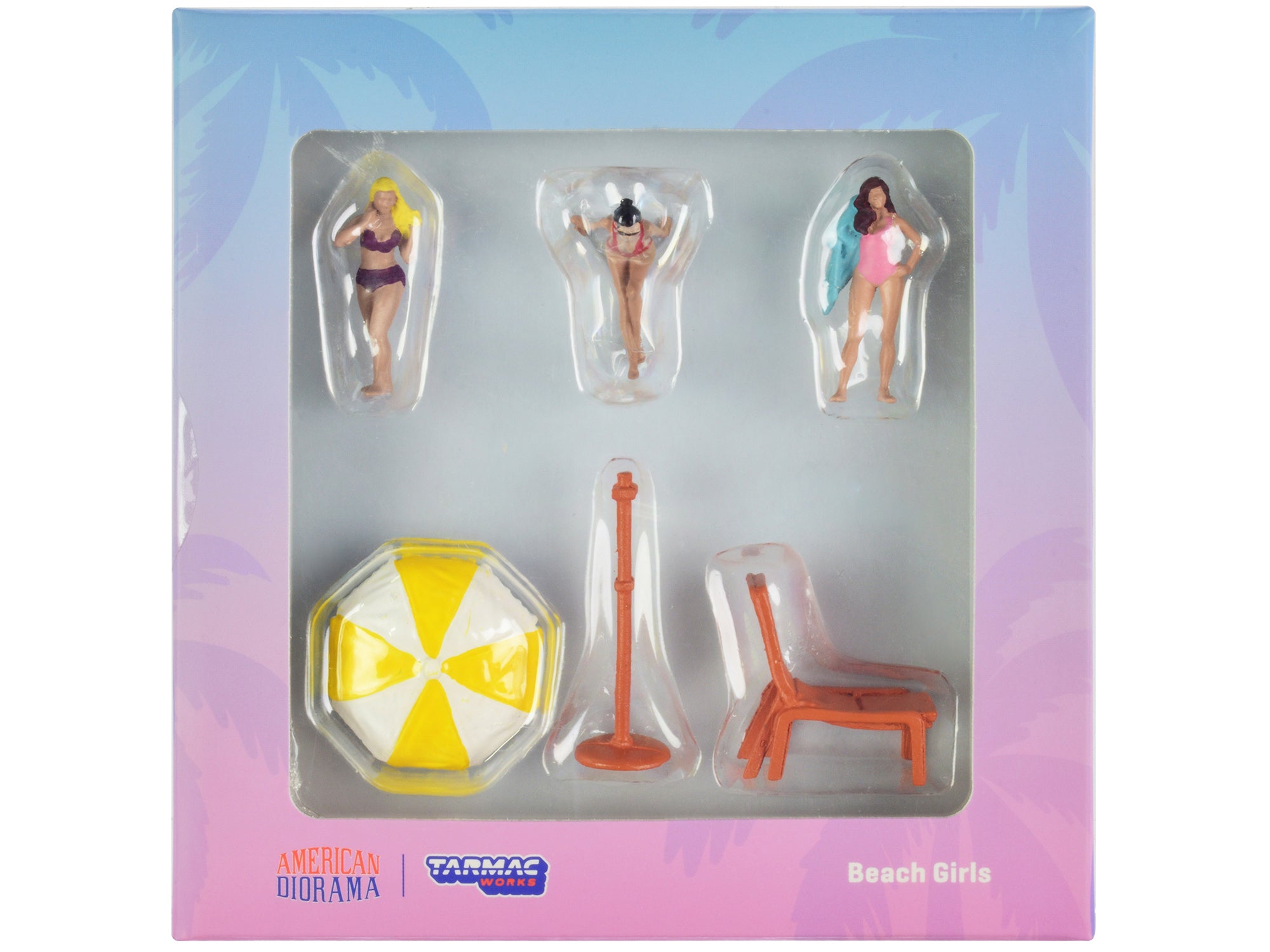 "Beach Girls" 5 piece Diecast Figure Set (3 Female Figures and 2 Beach Accessories) for 1/64 Scale Models by Tarmac Works & American Diorama free shipping USA
