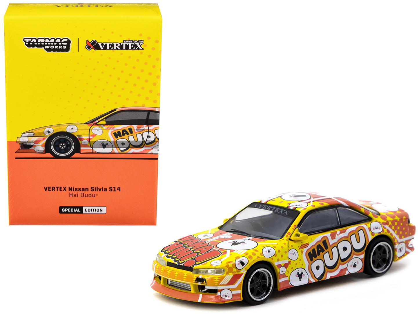 Nissan Silvia (S14) Vertex RHD (Right Hand Drive) "Hai Dudu - IMX Special Edition" Yellow and Orange with Graphics "Global64" Series 1/64 Diecast Model by Tarmac Works