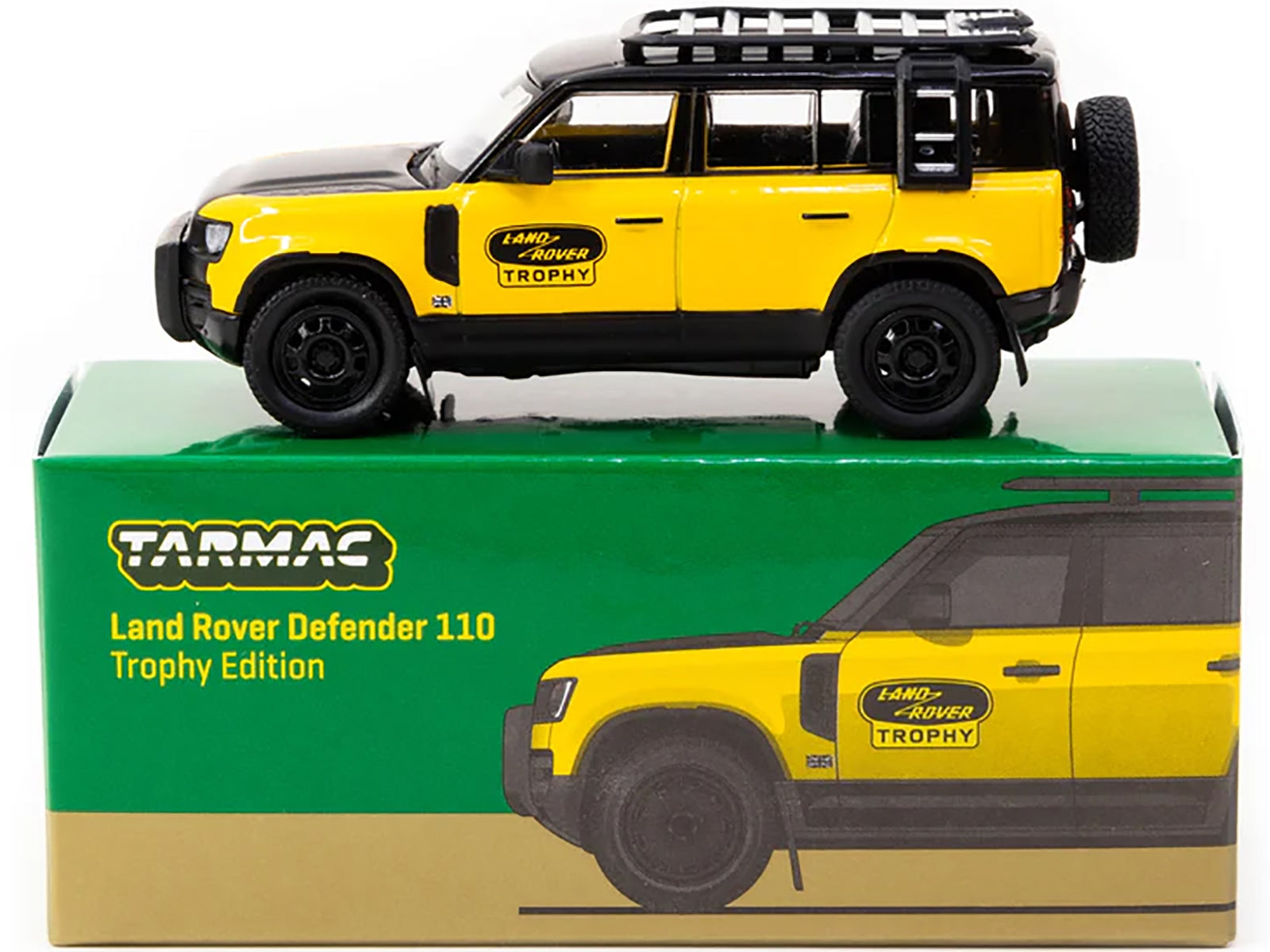 Land Rover Defender 110 "Trophy Edition" Yellow with Black Hood and Top and Roofrack "Global64" Series 1/64 Diecast Model by Tarmac Works - Premium Range/Land Rover from Tarmac Works - Just $32.99! Shop now at Rapidvehicles