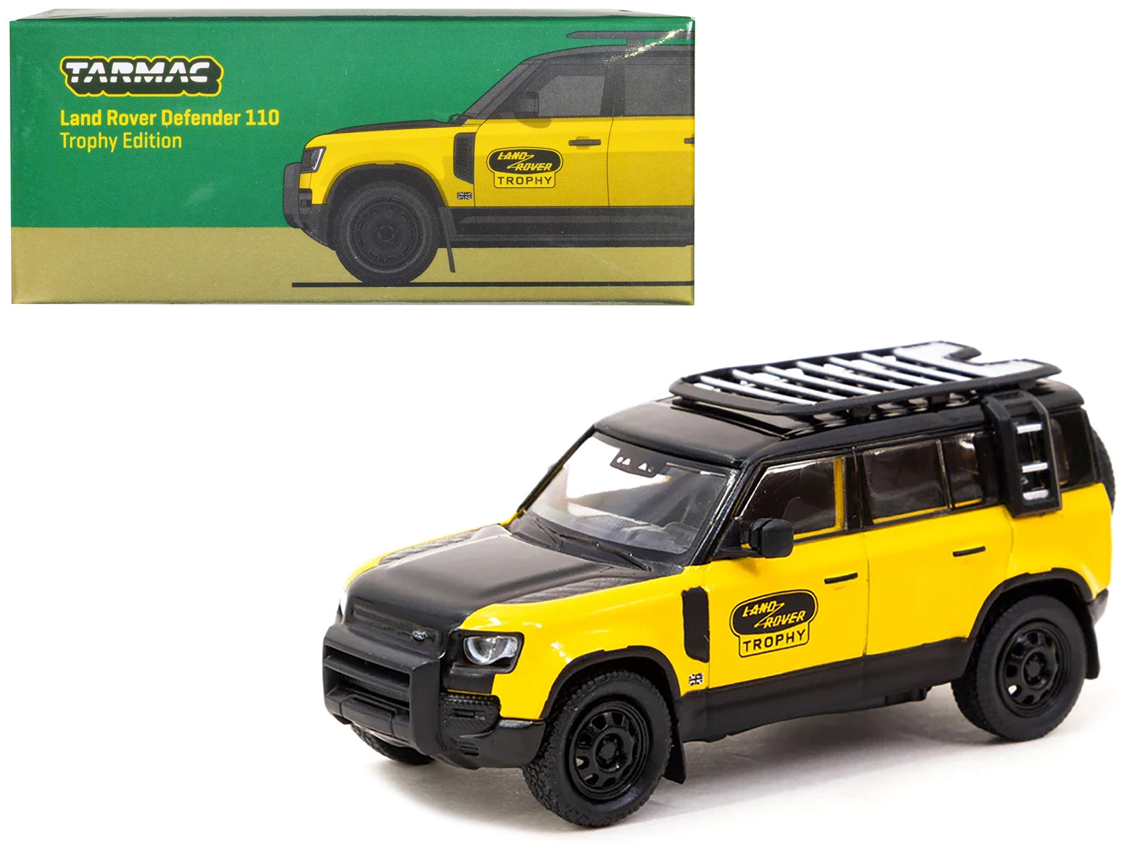 Land Rover Defender 110 "Trophy Edition" Yellow with Black Hood and Top and Roofrack "Global64" Series 1/64 Diecast Model by Tarmac Works - Premium Range/Land Rover from Tarmac Works - Just $32.99! Shop now at Rapidvehicles