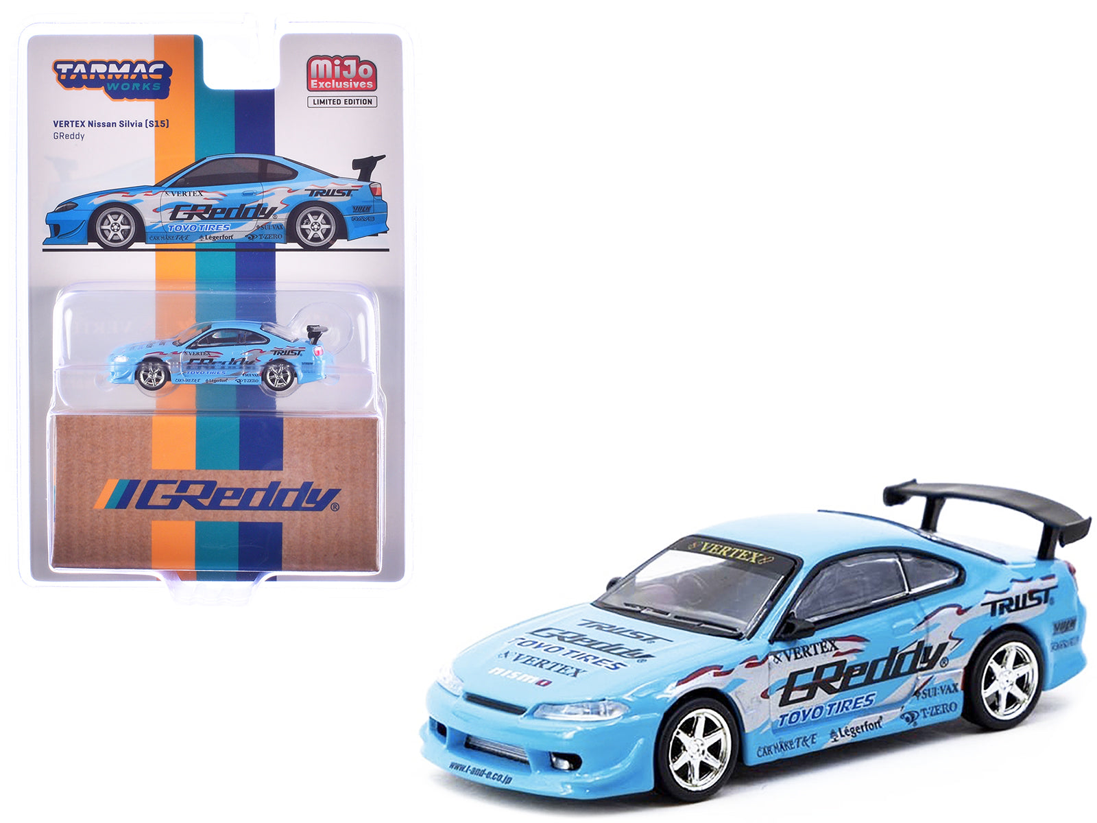 Nissan Silvia (S15) Vertex RHD (Right Hand Drive) "GReddy" Light Blue "Global64" Series 1/64 Diecast Model by Tarmac Works free shipping USA