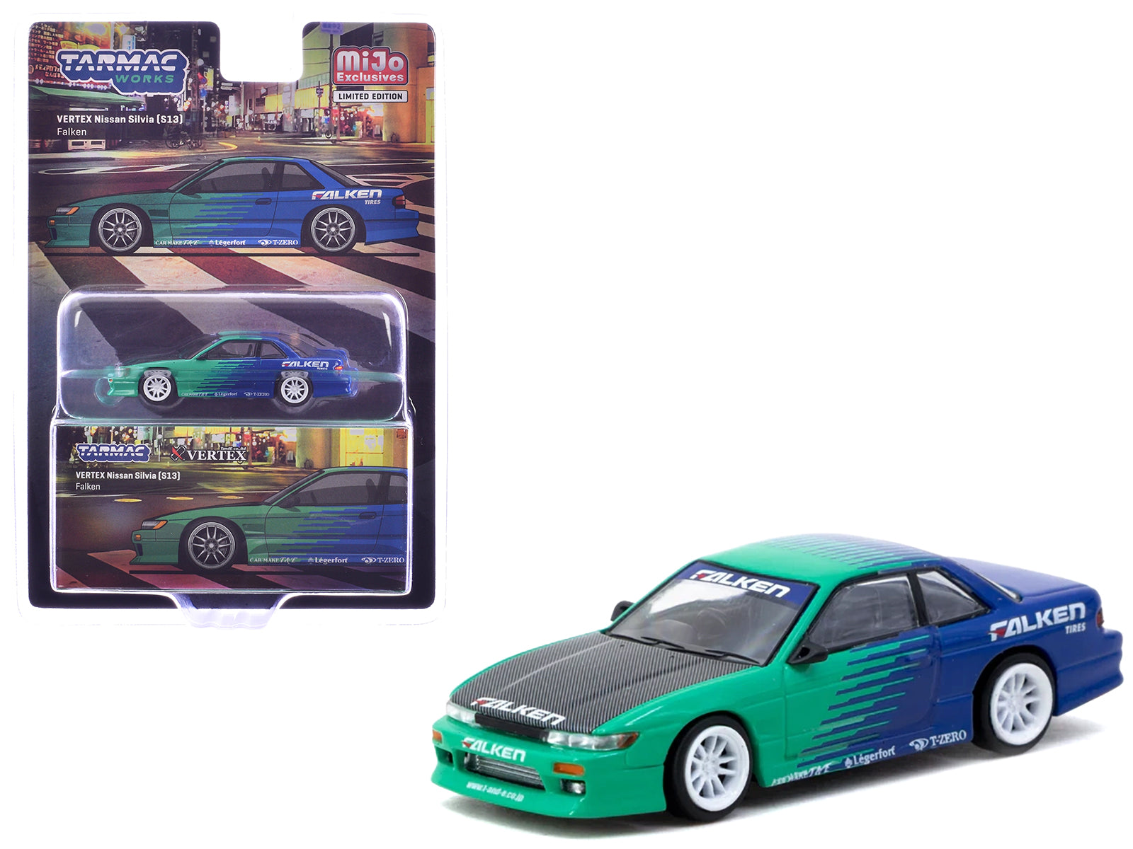 Nissan Silvia (S13) Vertex RHD (Right Hand Drive) "Falken Tires" Green and Blue wuth Carbon Hood "Global64" Series 1/64 Diecast Model by Tarmac Works free shipping USA