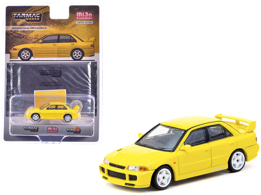 Mitsubishi Lancer GSR Evolution III RHD (Right Hand Drive) Yellow with Tarmac Cards "Global64" Series 1/64 Diecast Model by Tarmac Works - Use code SHOPAPP15 to get 15 percent off