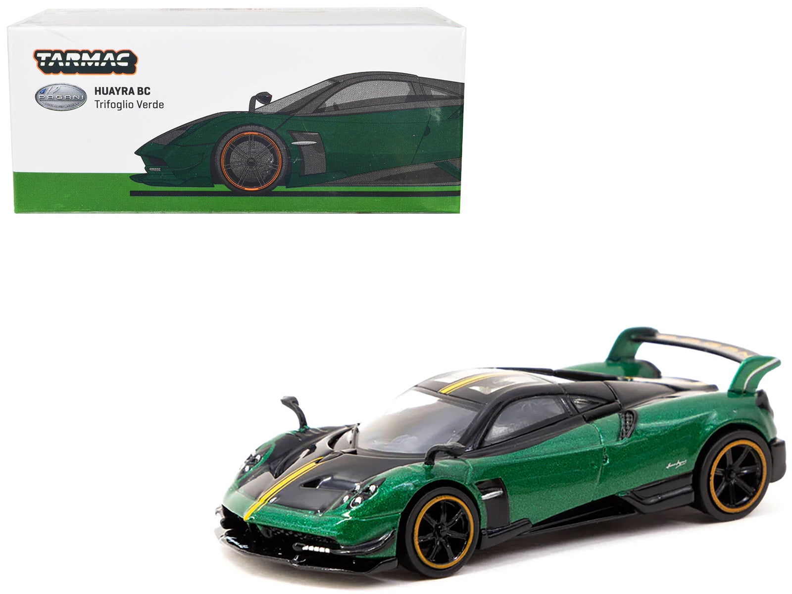 Pagani Huayra BC Trifoglio Verde Green Metallic and Black with Yellow Stripes "Global64" Series 1/64 Diecast Model by Tarmac Works - Premium Pagani Models from Tarmac Works - Just $28.99! Shop now at Rapidvehicles