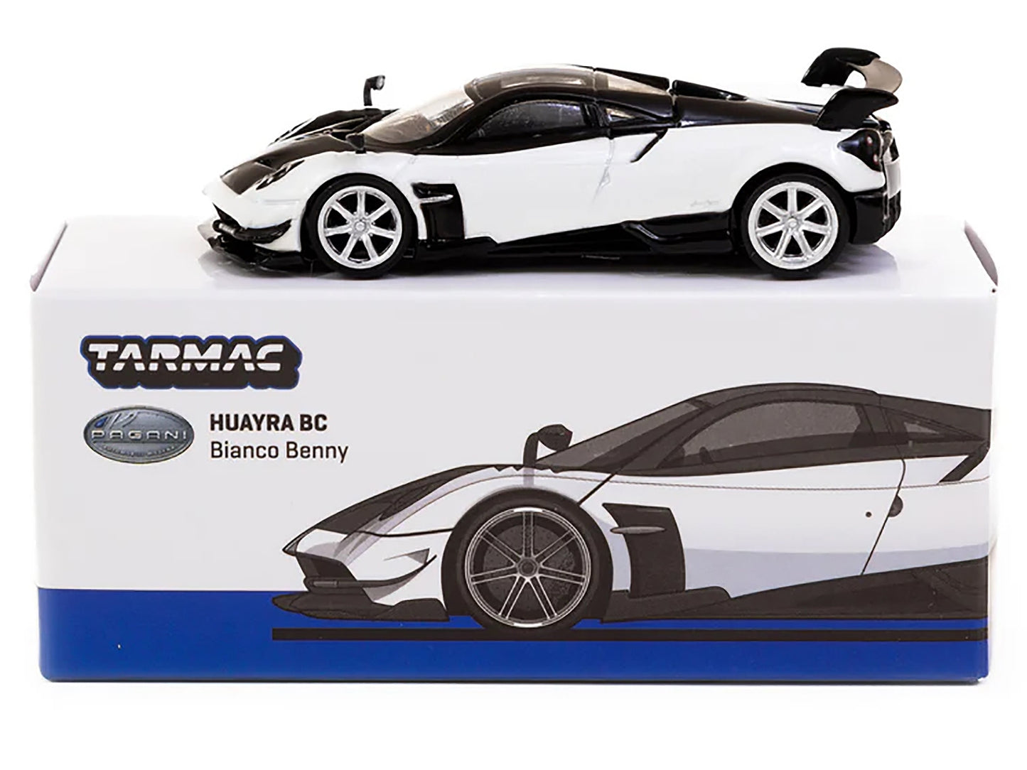 Pagani Huayra BC Bianco Benny White and Black with Blue Stripes - Premium Pagani Models from Tarmac Works - Just $38.99! Shop now at Rapidvehicles