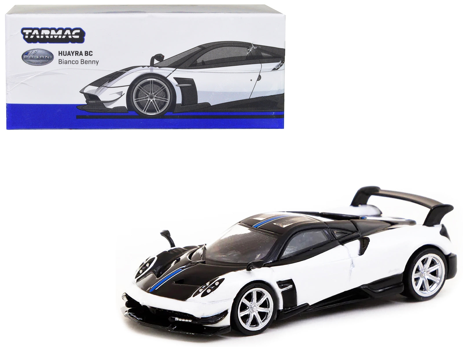 Pagani Huayra BC Bianco Benny White and Black with Blue Stripes "Global64" Series 1/64 Diecast Model by Tarmac Works - Premium Pagani Models from Tarmac Works - Just $28.99! Shop now at Rapidvehicles