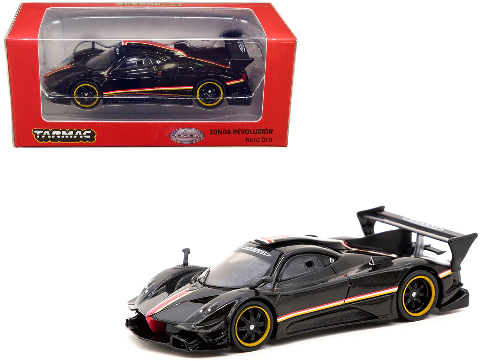 Pagani Zonda Revolucion Nero Oro Black Metallic with Stripes "Global64" Series 1/64 Diecast Model Car by Tarmac Works - Premium Pagani Models from Tarmac Works - Just $29.99! Shop now at Rapidvehicles