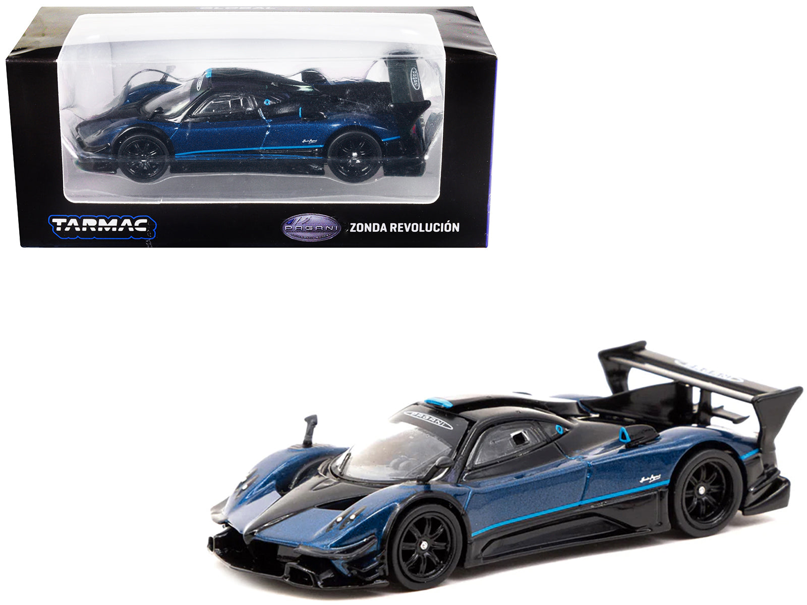 Pagani Zonda Revolucion Blue Metallic and Black with Light Blue Stripes "Global64" Series 1/64 Diecast Model Car by Tarmac Works free shipping USA