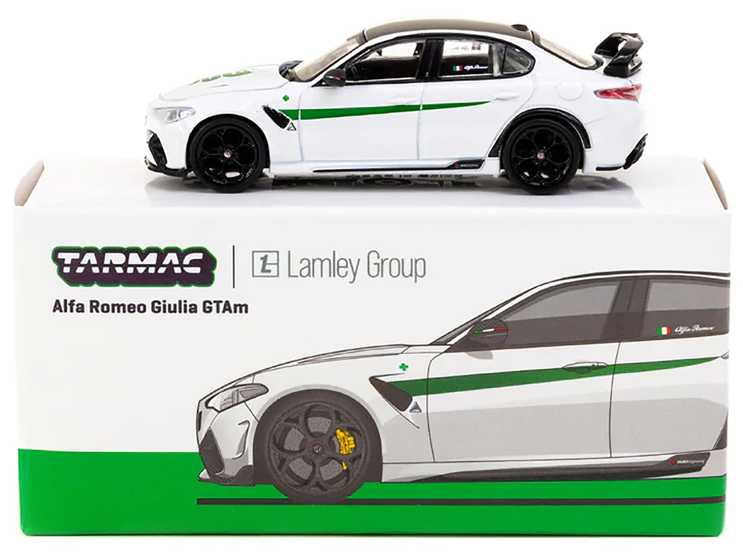 Alfa Romeo Giulia GTAm White with Green Stripes and Black Top - Premium Alfa Romeo Models from Tarmac Works - Just $32.39! Shop now at Rapidvehicles