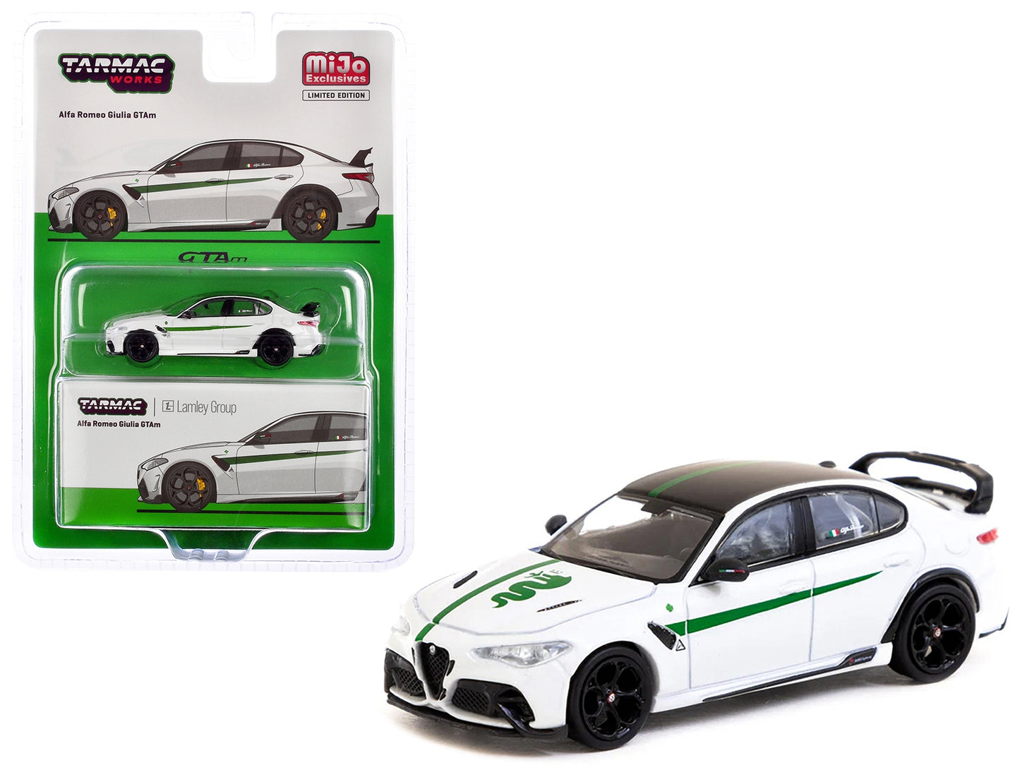 Alfa Romeo Giulia GTAm White with Green Stripes and Black Top - Premium Alfa Romeo Models from Tarmac Works - Just $32.39! Shop now at Rapidvehicles