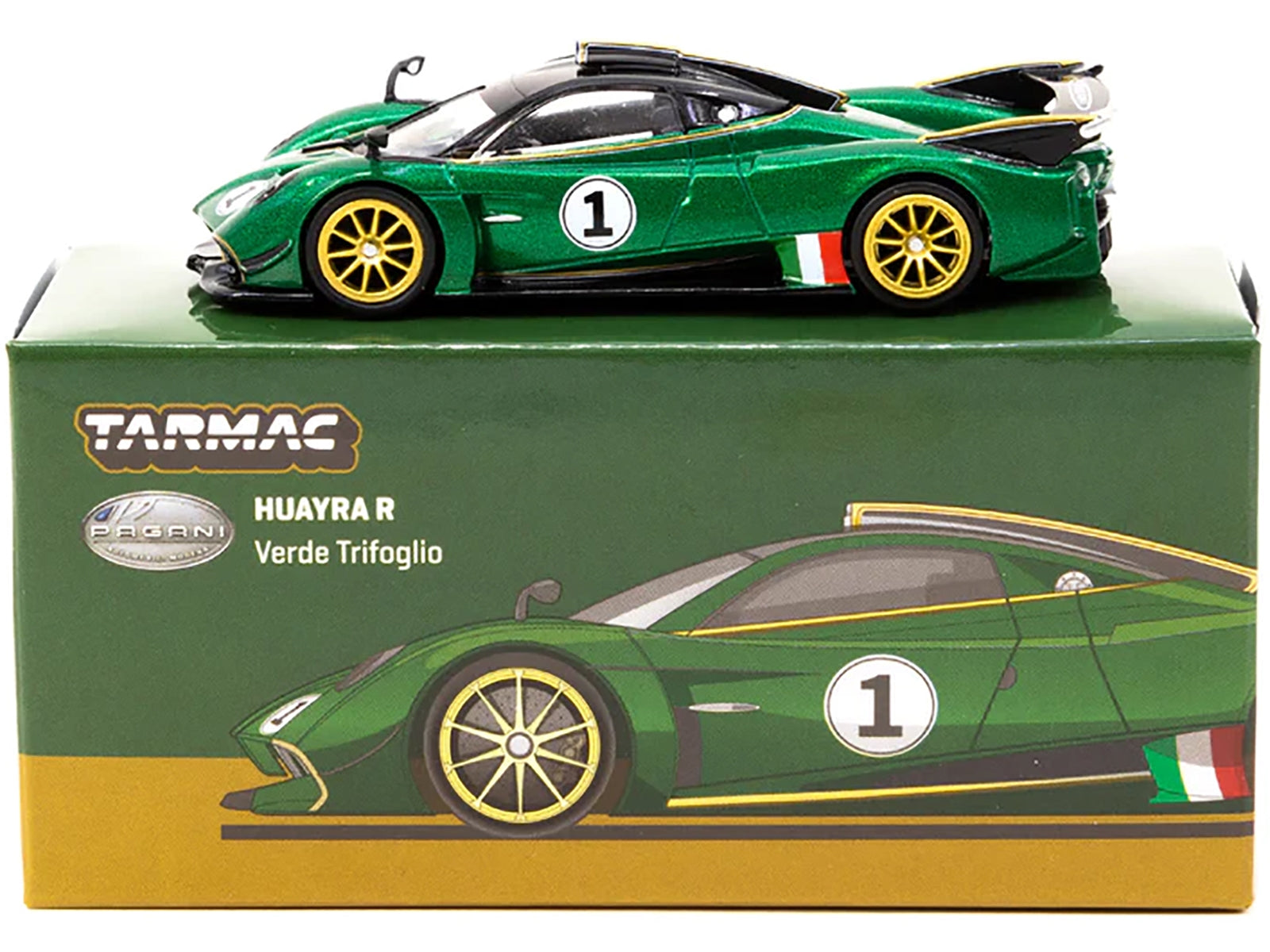 Pagani Huayra R #1 Verde Trifoglio Green Metallic with Black Top and Gold Stripes "Global64" Series 1/64 Diecast Model Car by Tarmac Works