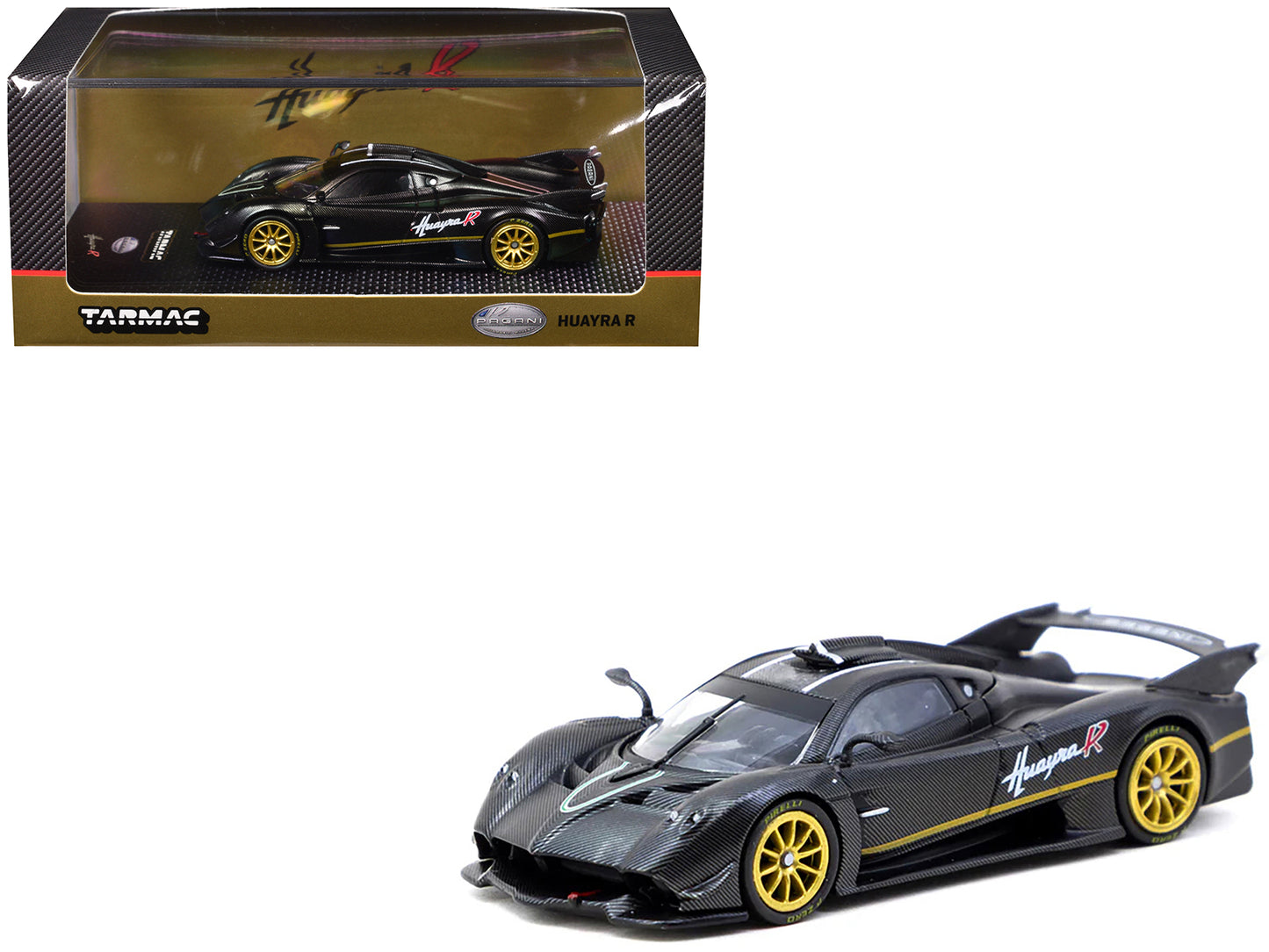 Pagani Huayra R Matt Black Carbon Fiber with Gold Wheels Limited Edition to 3552 pieces Worldwide "Global64" Series 1/64 Diecast Model by Tarmac Works