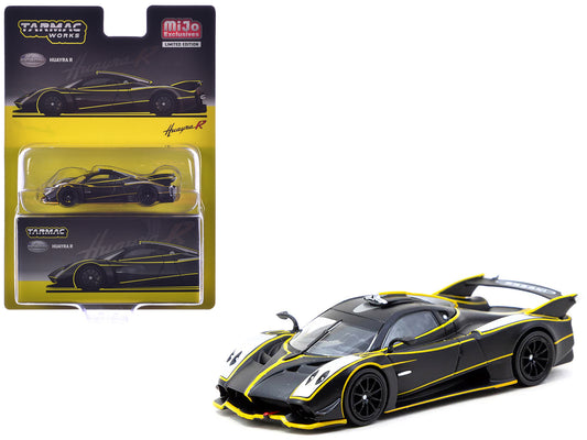 Pagani Huayra R Matt Black with Silver Accents and Yellow Stripes "Global64" Series 1/64 Diecast Model by Tarmac Works - Use code SHOPAPP15 to get 15 percent off