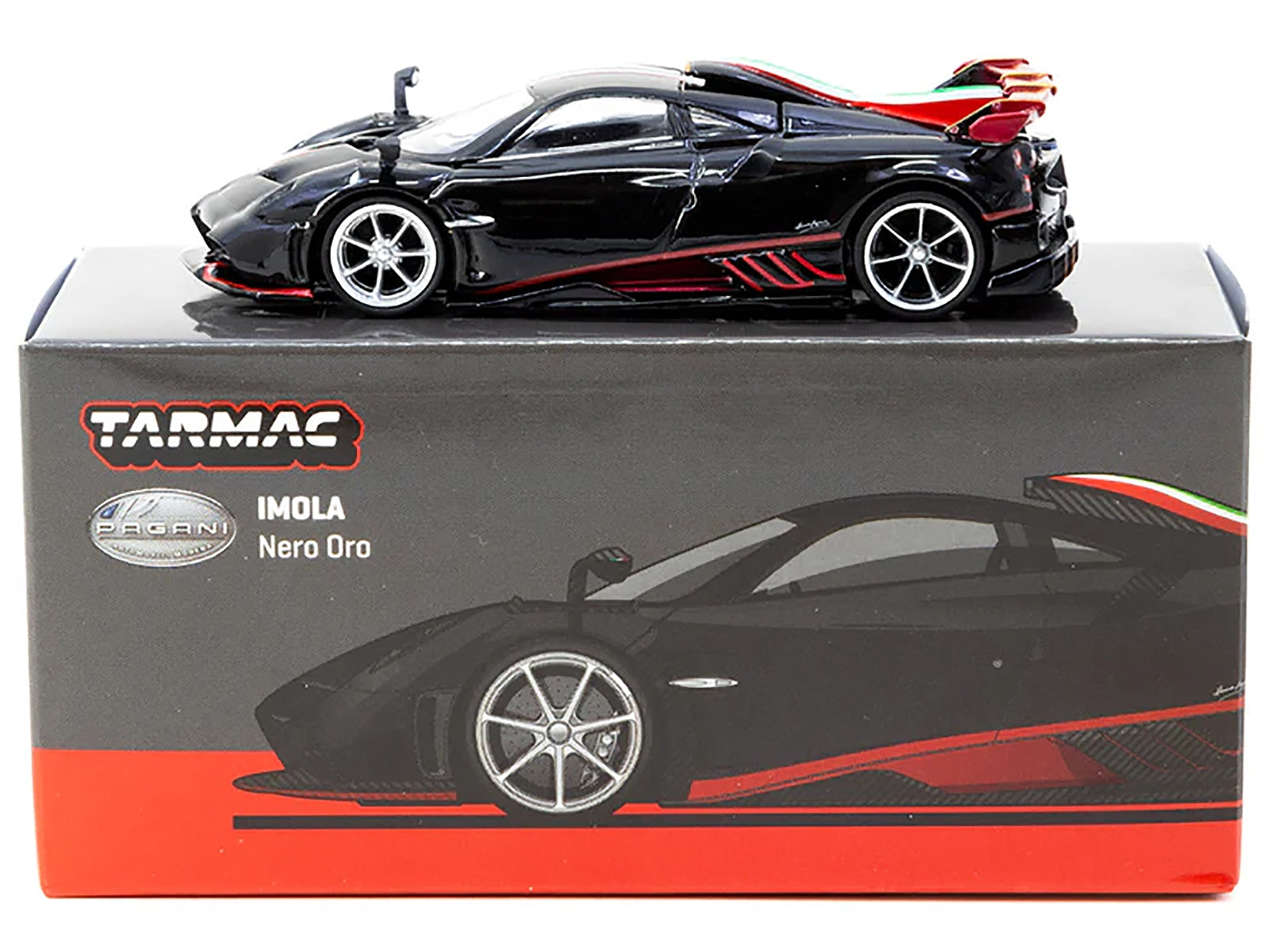 Pagani Imola Nero Oro Black Metallic with Italian Flag Stripes "Global64" Series 1/64 Diecast Model by Tarmac Works - Premium Pagani Models from Tarmac Works - Just $31.53! Shop now at Rapidvehicles