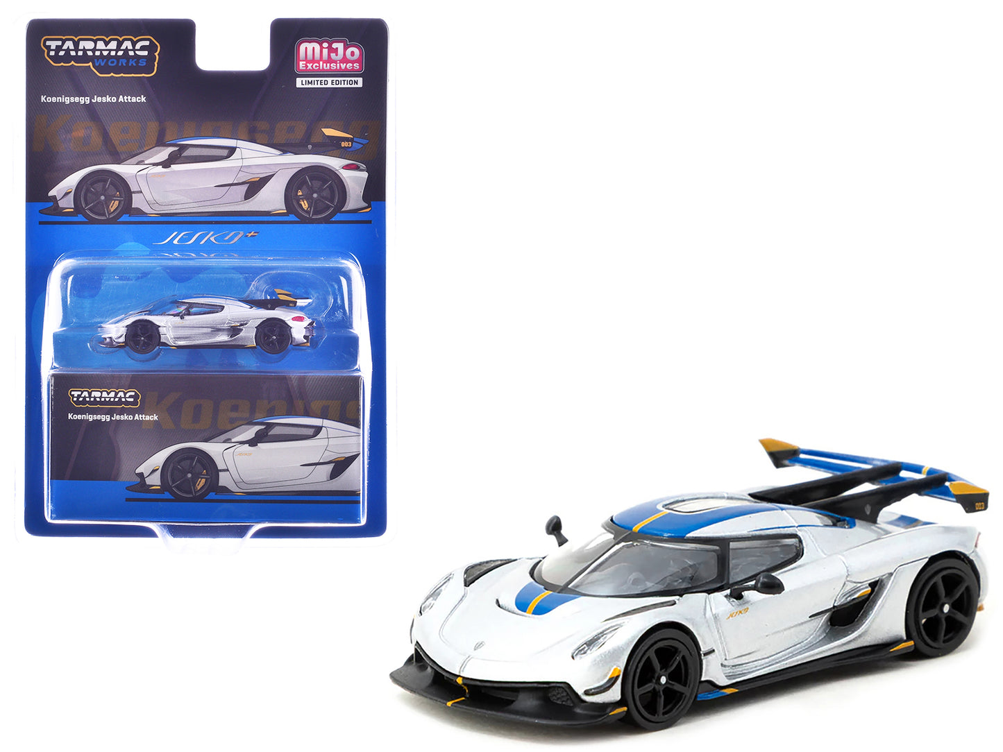 Koenigsegg Jesko Attack Silver Metallic with Blue Stripes "Global64" Series 1/64 Diecast Model by Tarmac Works