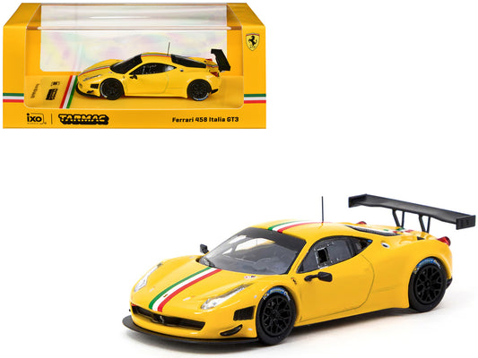 Ferrari 458 Italia GT3 Yellow with Italian Flag Stripes "Road64" Series 1/64 Diecast Model Car by Tarmac Works - Use code SHOPAPP15 to get 15 percent off