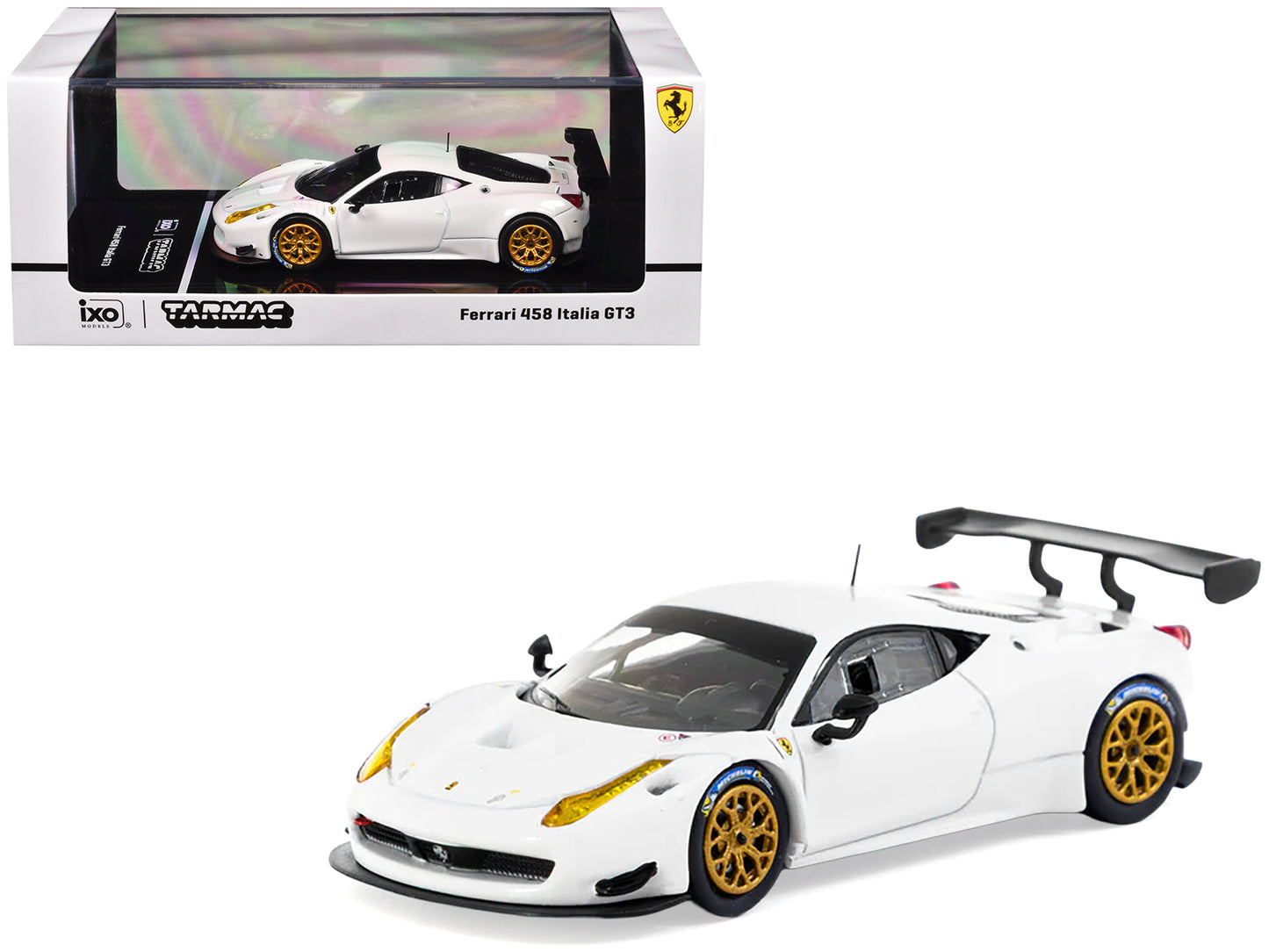Ferrari 458 Italia GT3 White with Gold Wheels "Road64" Series 1/64 Diecast Model Car by Tarmac Works - Use code SHOPAPP15 to get 15 percent off