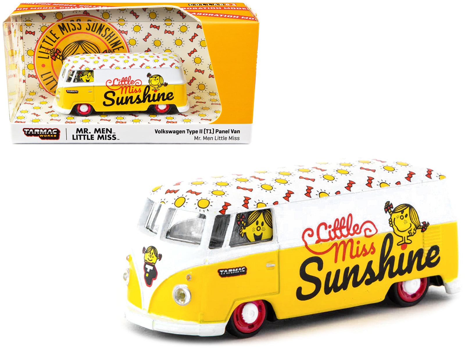 Volkswagen Type II (T1) Panel Van "Little Miss Sunshine" Yellow and White "Mr. Men & Little Miss" "Collab64" Series 1/64 Diecast Model Car by Schuco & Tarmac Works free shipping USA