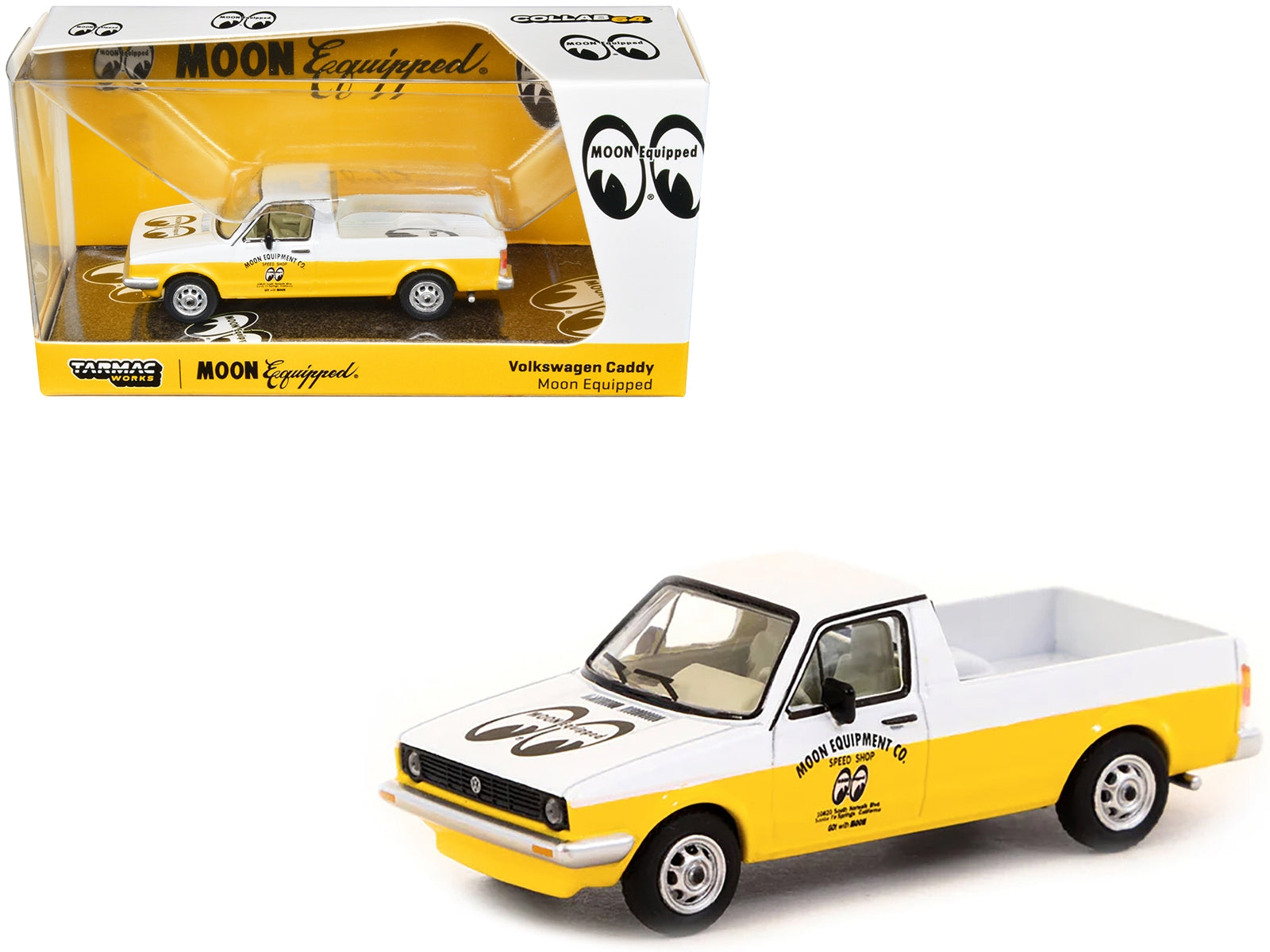 Volkswagen Caddy Pickup Truck White and Yellow "Moon Equipment Co. - Mooneyes" "Collab64" Series 1/64 Diecast Model Car by Schuco & Tarmac Works - Premium Volkswagen Models from Schuco - Just $39.60! Shop now at Rapidvehicles