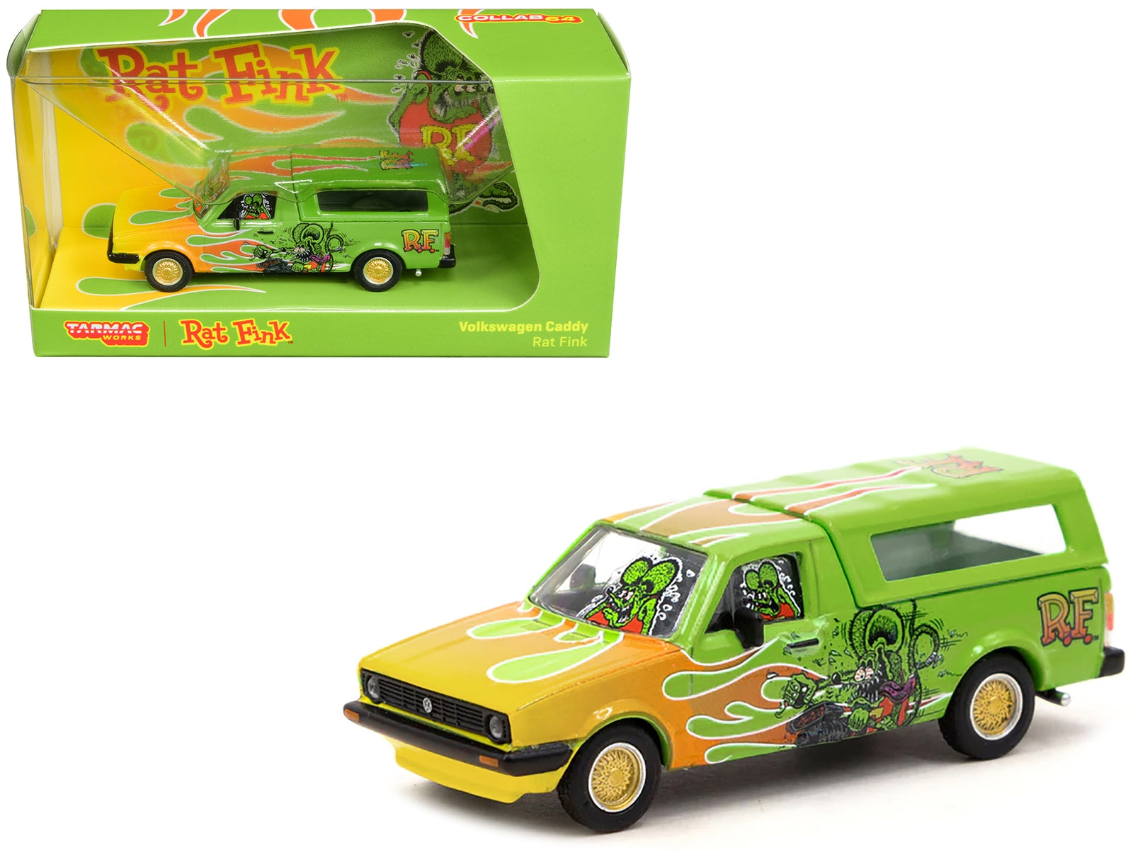 Volkswagen Caddy Pickup Truck with Camper Shell Green with Flames and Graphics "Rat Fink" "Collab64" Series 1/64 Diecast Model Car by Schuco & Tarmac Works - Premium Volkswagen Models from Schuco - Just $39.60! Shop now at Rapidvehicles