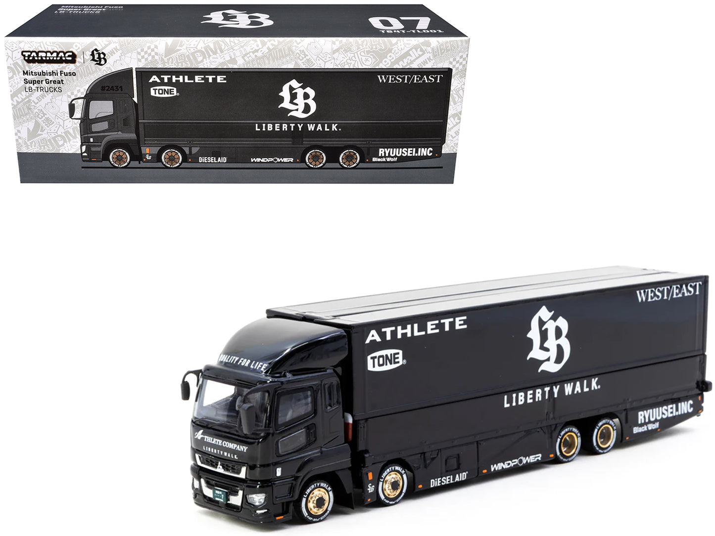 Mitsubishi Fuso Super Great Truck RHD (Right Hand Drive) with Transporter "Liberty Walk" Black "Truck64" Series 1/64 Diecast Model Car by Tarmac Works - Use code SHOPAPP15 to get 15 percent off