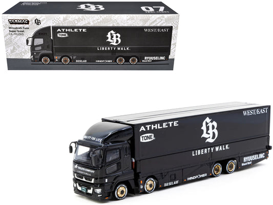 Mitsubishi Fuso Super Great Truck RHD (Right Hand Drive) with Transporter "Liberty Walk" Black "Truck64" Series 1/64 Diecast Model Car by Tarmac Works - Use code SHOPAPP15 to get 15 percent off