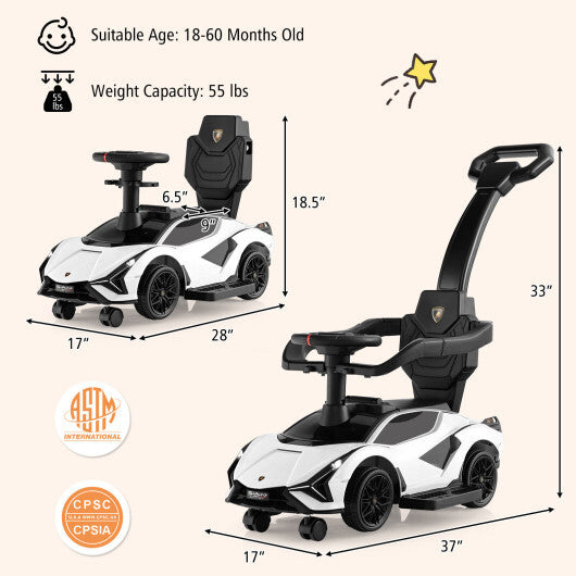 3 in 1 Licensed Lamborghini Ride Walking Toy Stroller-White - Color: White - Premium Toys & Hobbies > Ride On Toys > Push & Pedal Ride On Toys from Rapidvehicles - Just $105.99! Shop now at Rapidvehicles