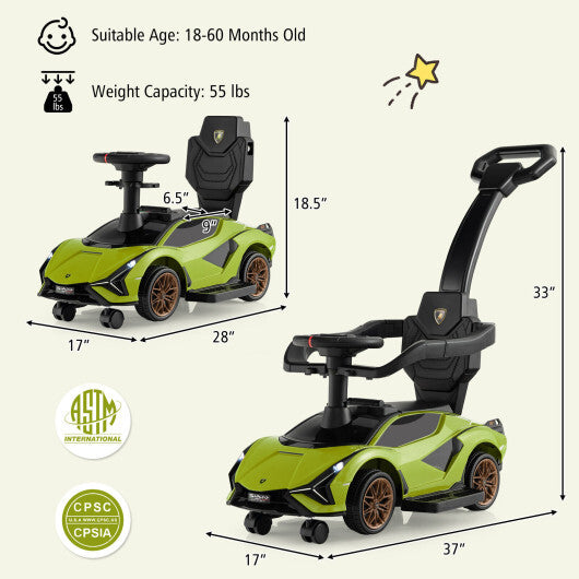 3 in 1 Licensed Lamborghini Ride Walking Toy Stroller-Green - Color: Green - Premium Toys & Hobbies > Ride On Toys > Push & Pedal Ride On Toys from Rapidvehicles - Just $105.99! Shop now at Rapidvehicles