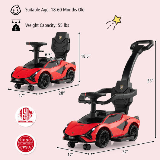 3 in 1 Licensed Lamborghini Ride Walking Toy Stroller-Red - Color: Red - Premium Toys & Hobbies > Ride On Toys > Push & Pedal Ride On Toys from Rapidvehicles - Just $105.99! Shop now at Rapidvehicles